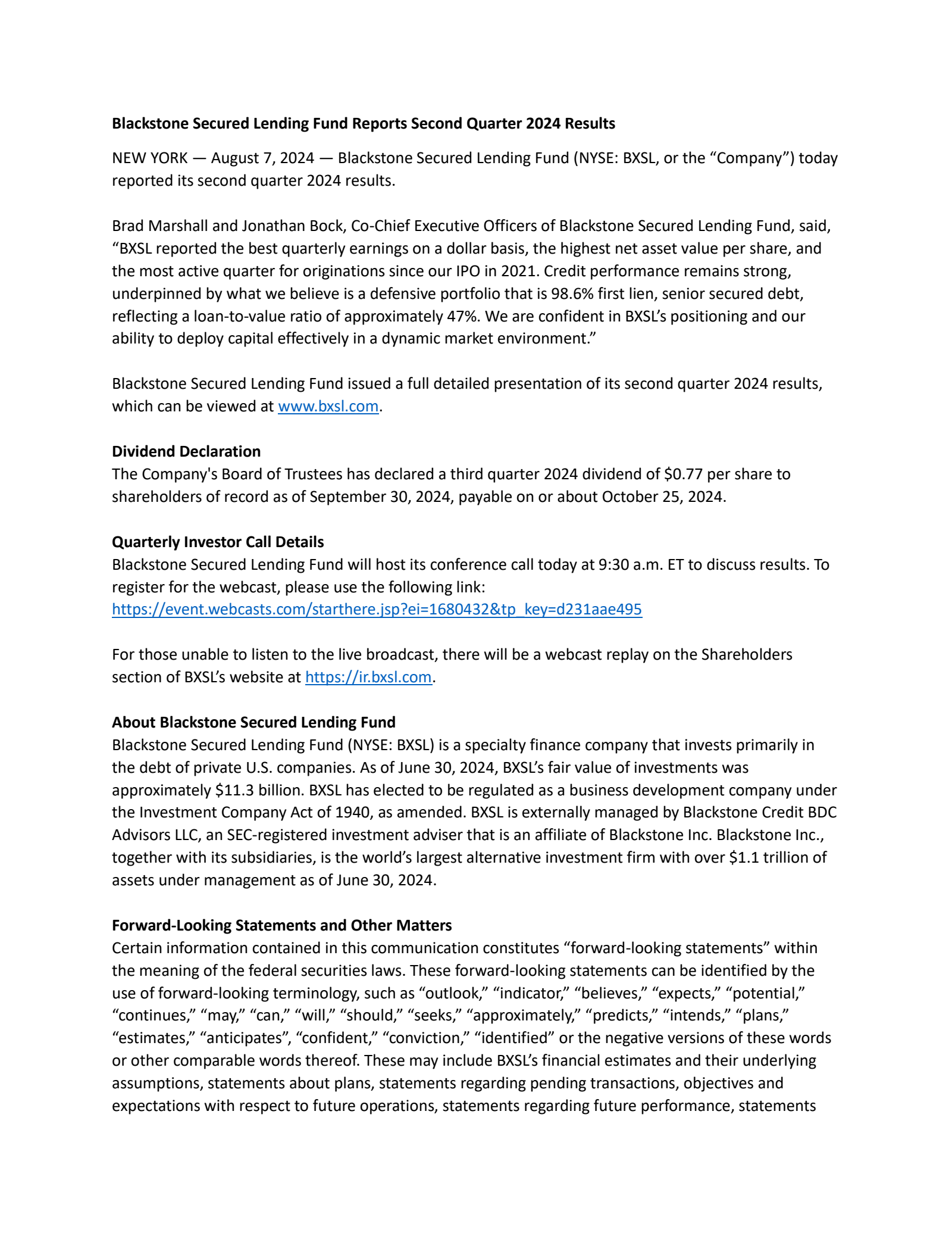 Blackstone Secured Lending Fund's Q2 2024 Press Release