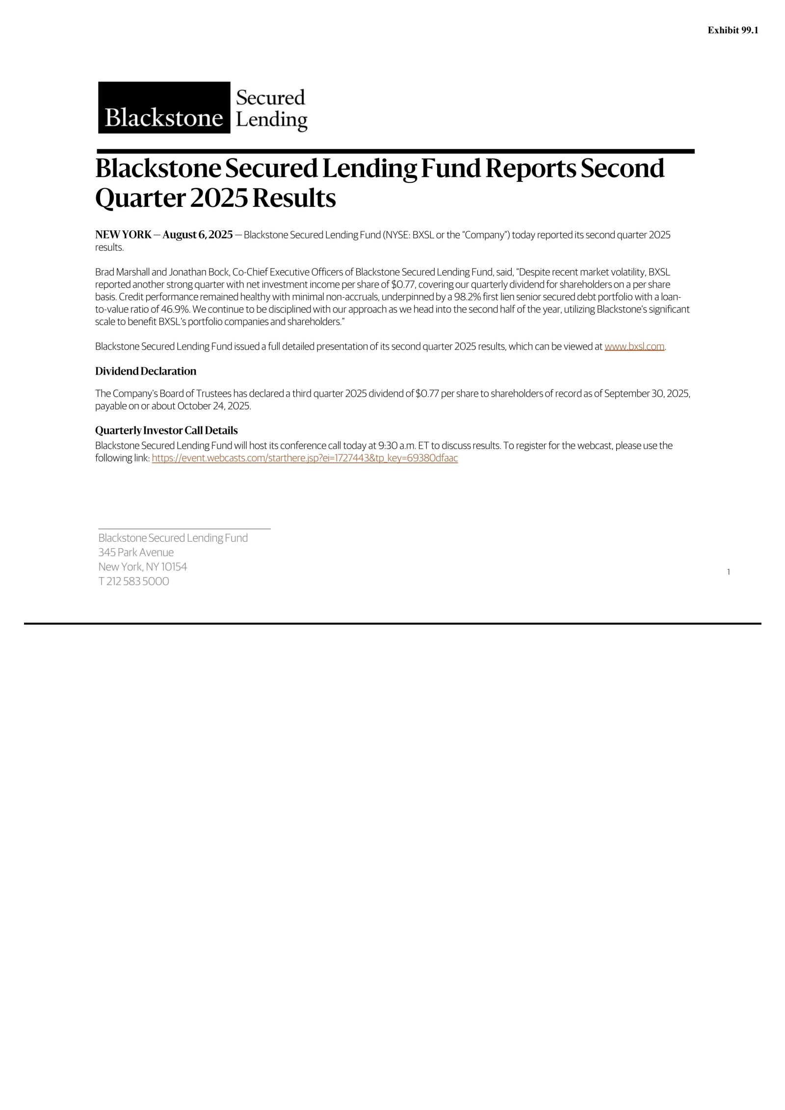 Blackstone Secured Lending Fund's Q2 2025 Press Release