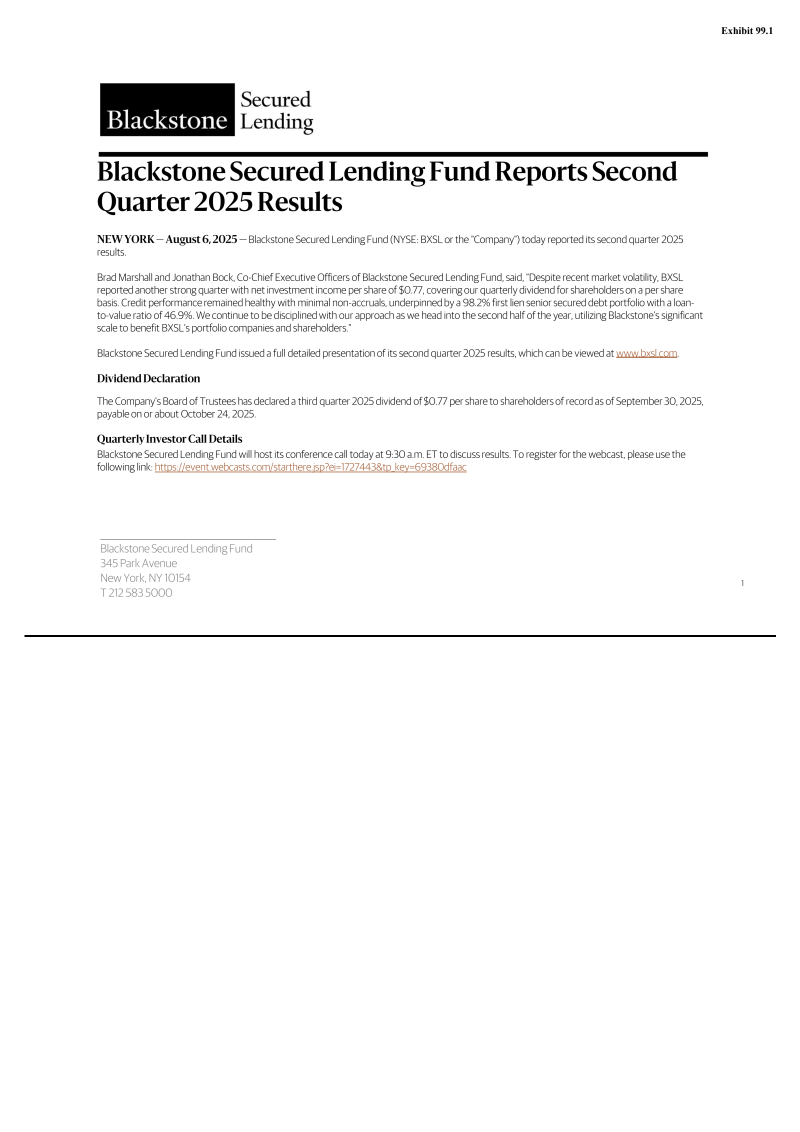 Blackstone Secured Lending Fund's Q2 2025 Press Release