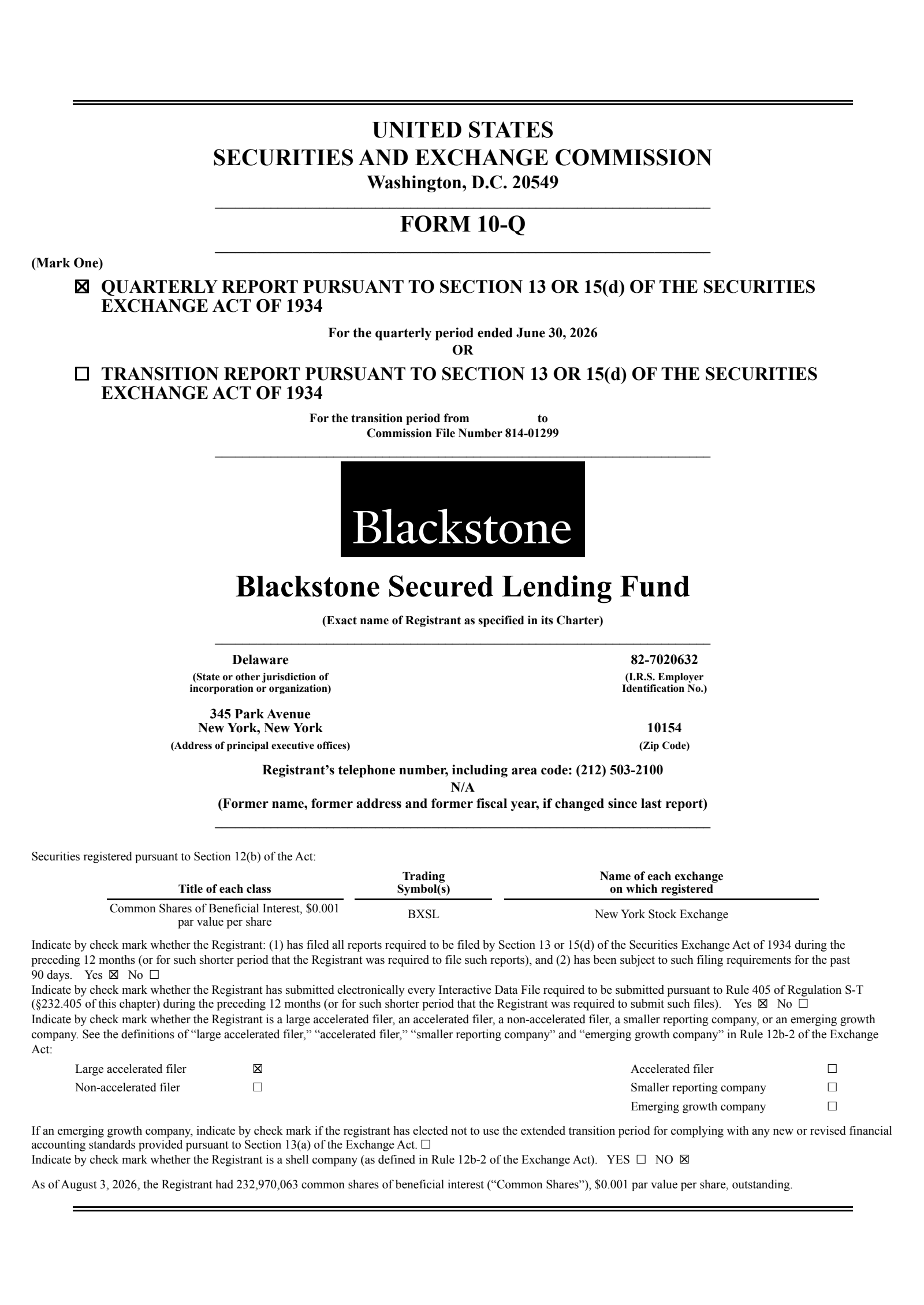 Blackstone Secured Lending Fund's Q2 2026 Quarterly report