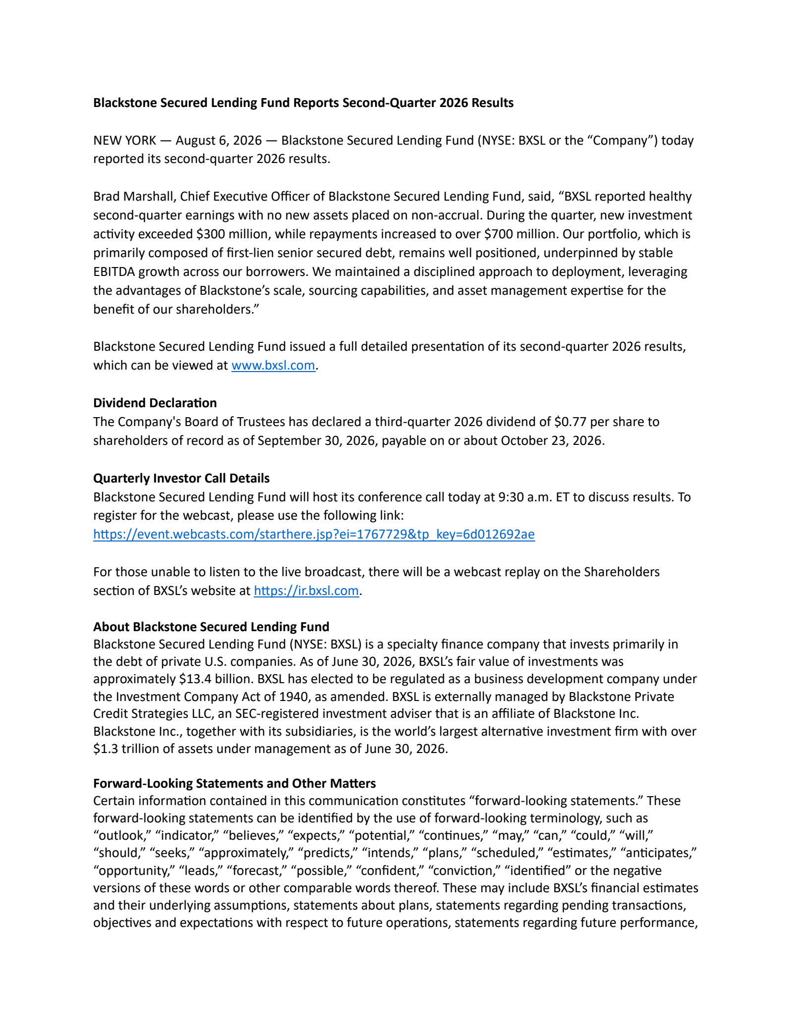 Blackstone Secured Lending Fund's Q2 2026 Press Release