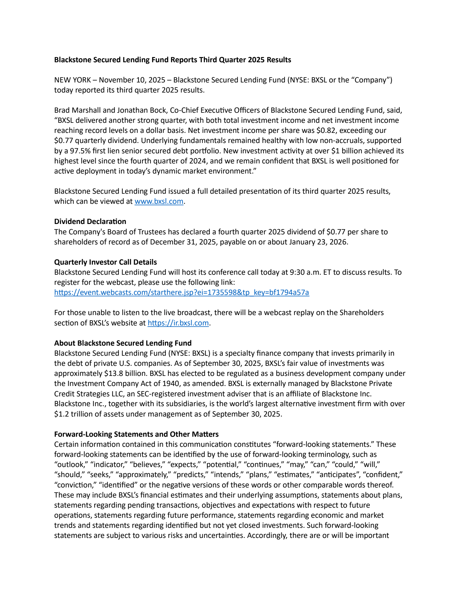 Blackstone Secured Lending Fund's Q3 2025 Press Release