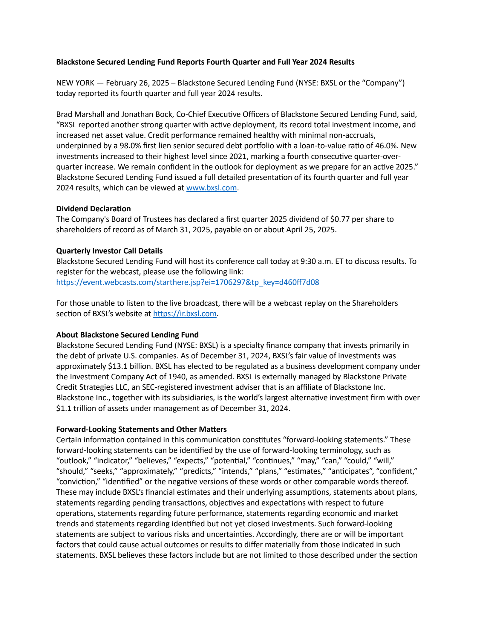 Blackstone Secured Lending Fund's Q4 2024 Press Release