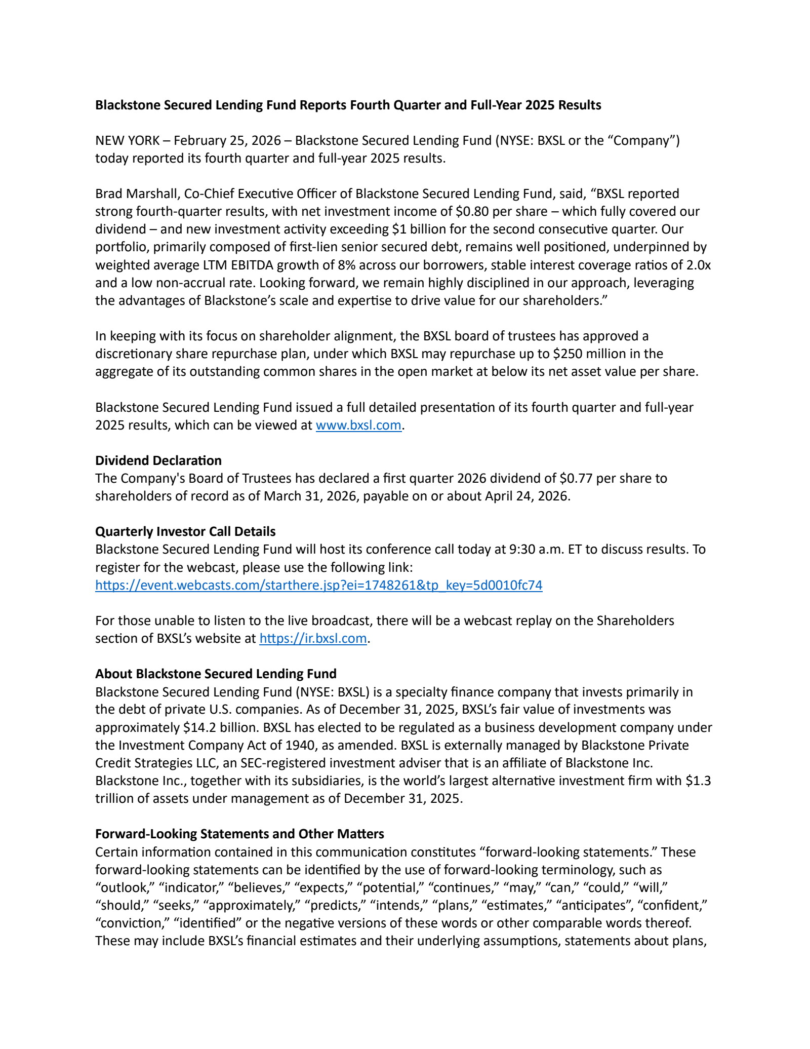 Blackstone Secured Lending Fund's Q4 2025 Press Release