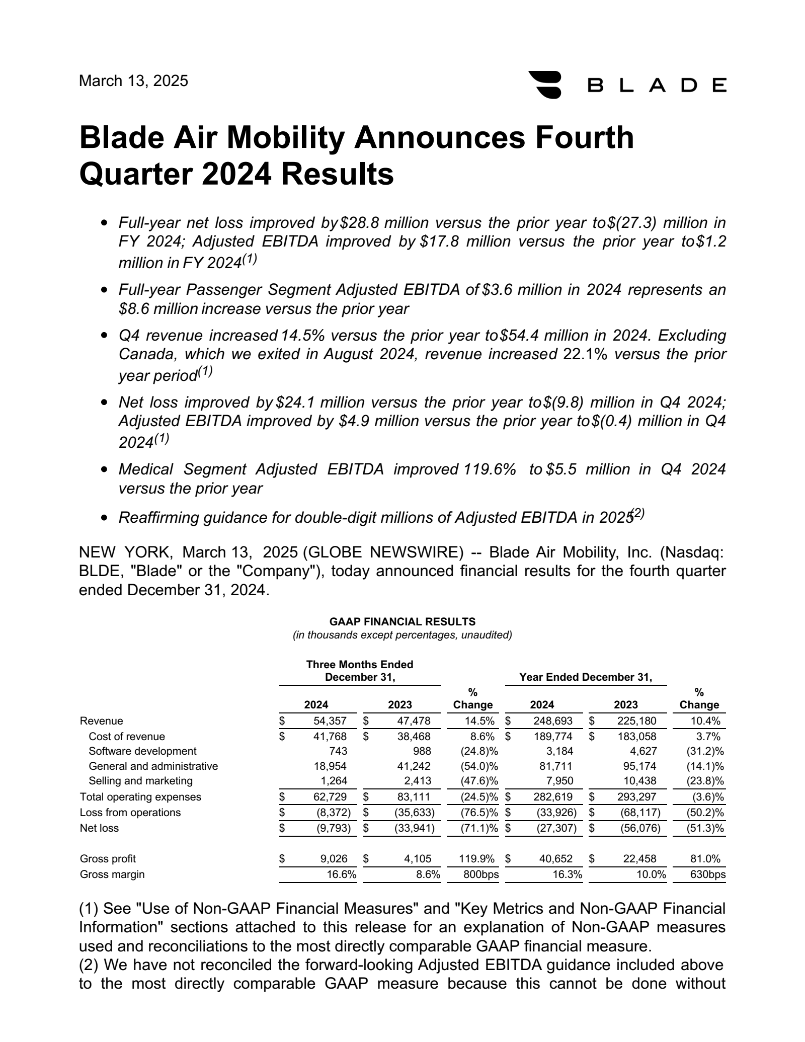 Blade Air Mobility's Q4 2024 Press Release