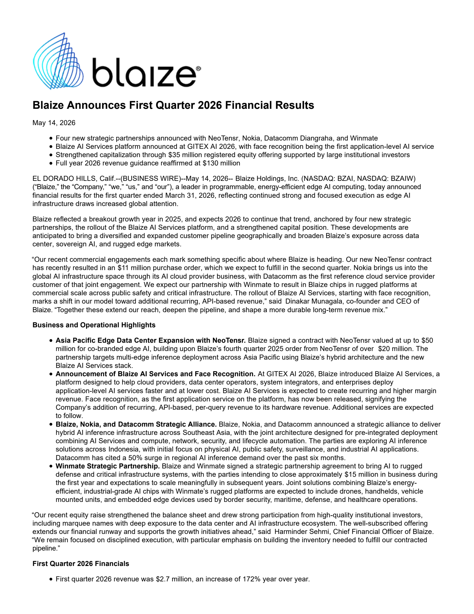 Blaize's Q1 2026 Press Release