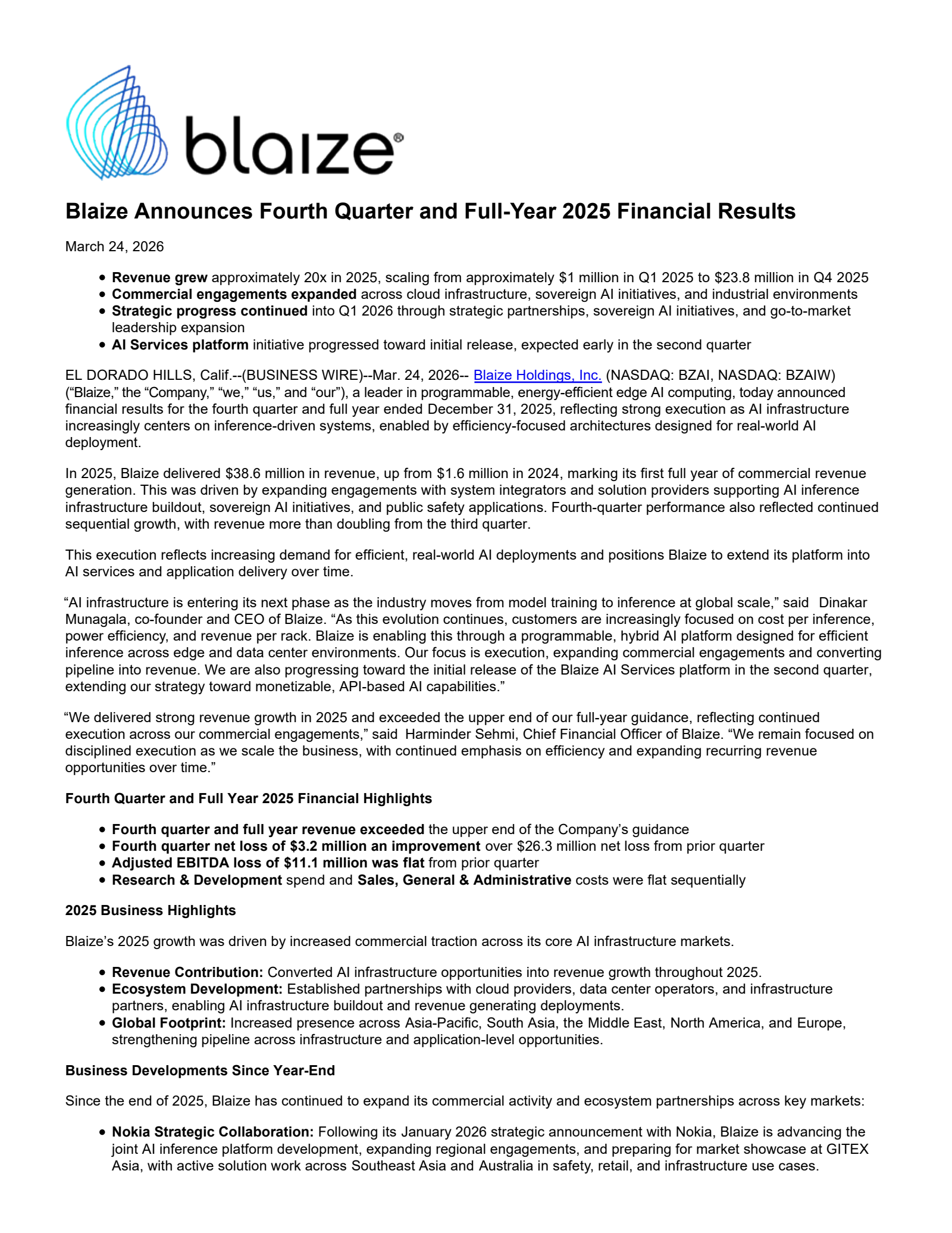 Blaize's Q4 2025 Press Release