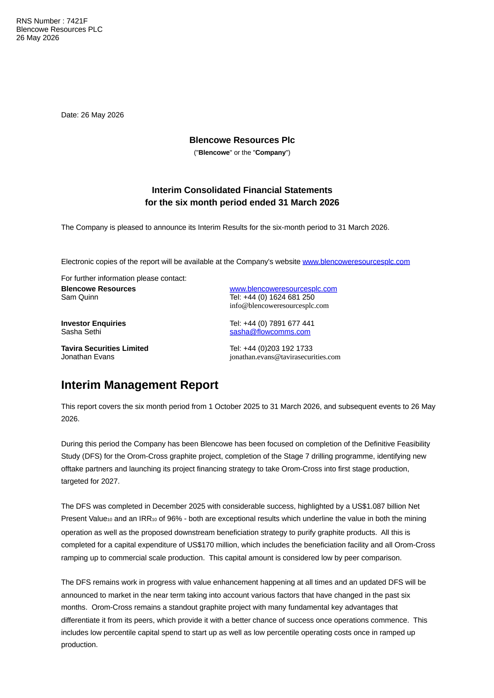 Blencowe Resources' H1 2026 Interim report