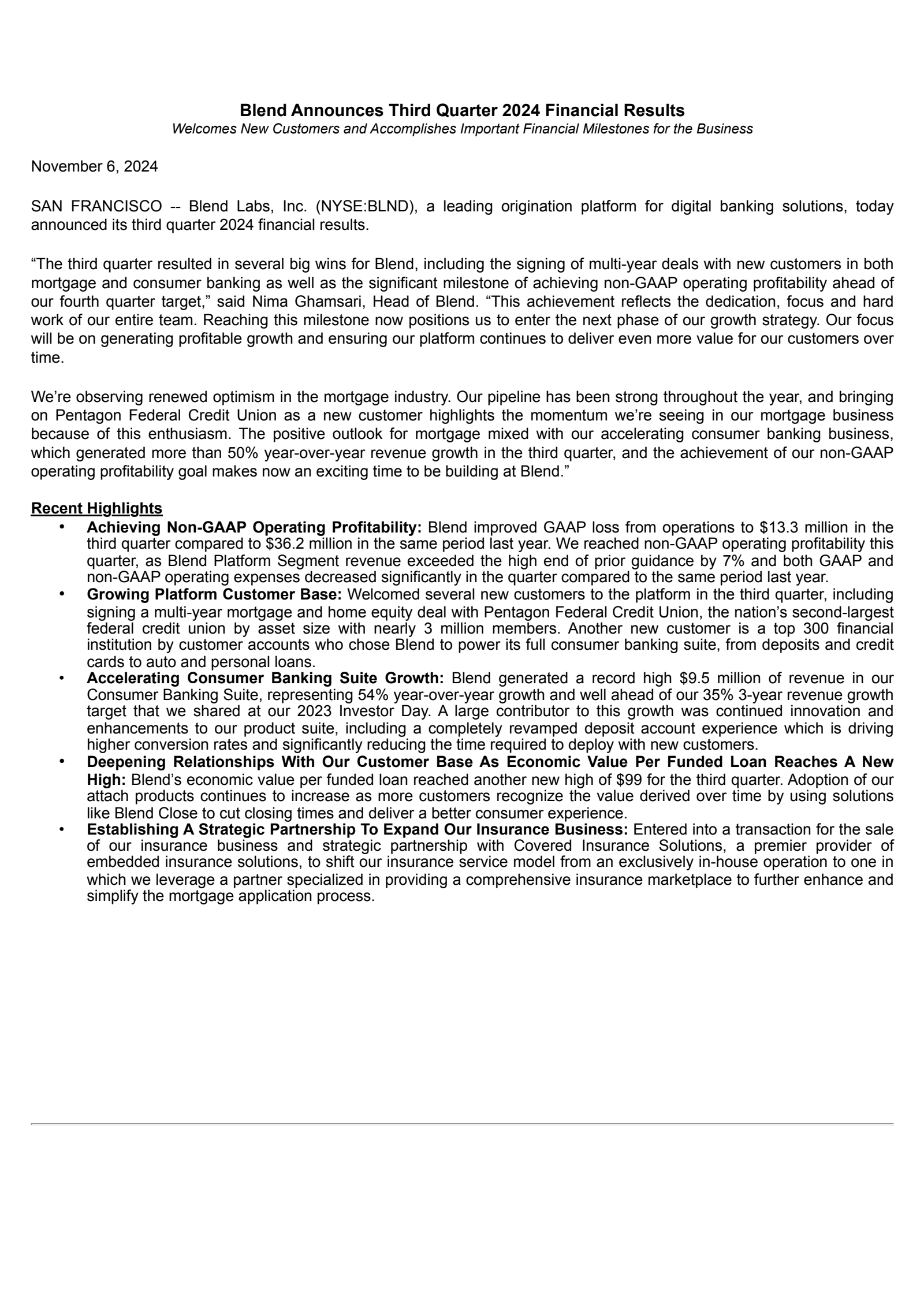 Blend Labs' Q3 2024 Press Release