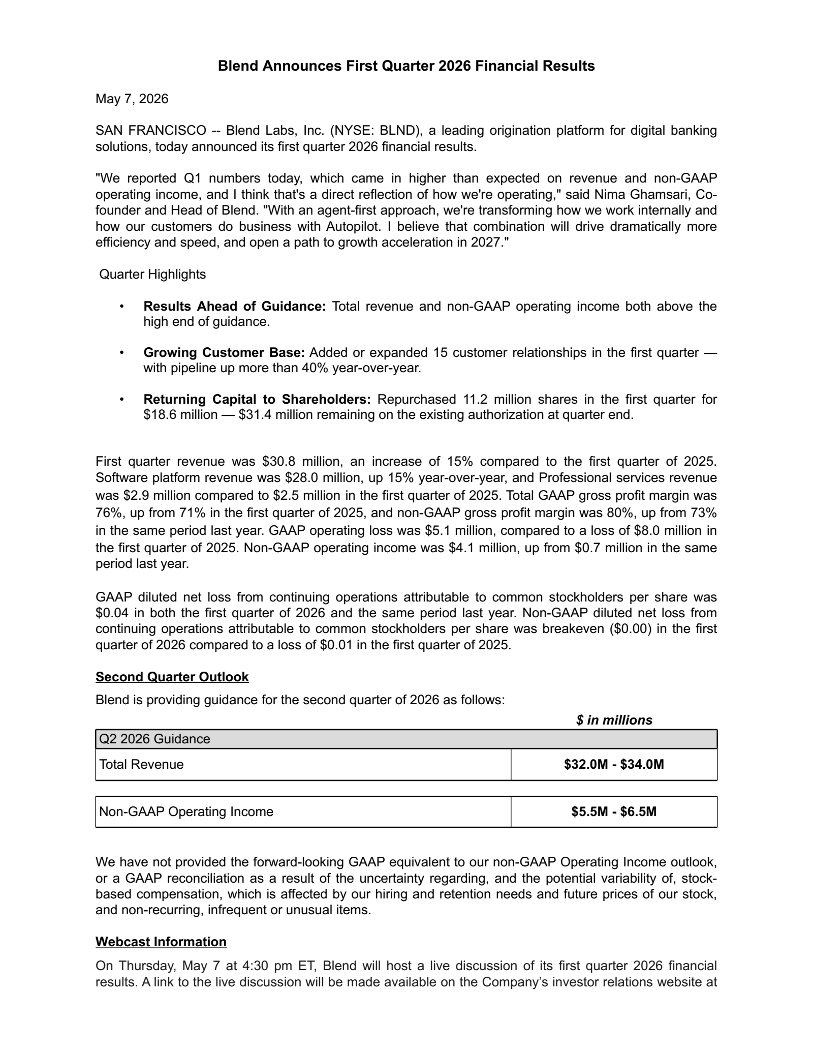 Blend Labs' Q1 2026 Press Release