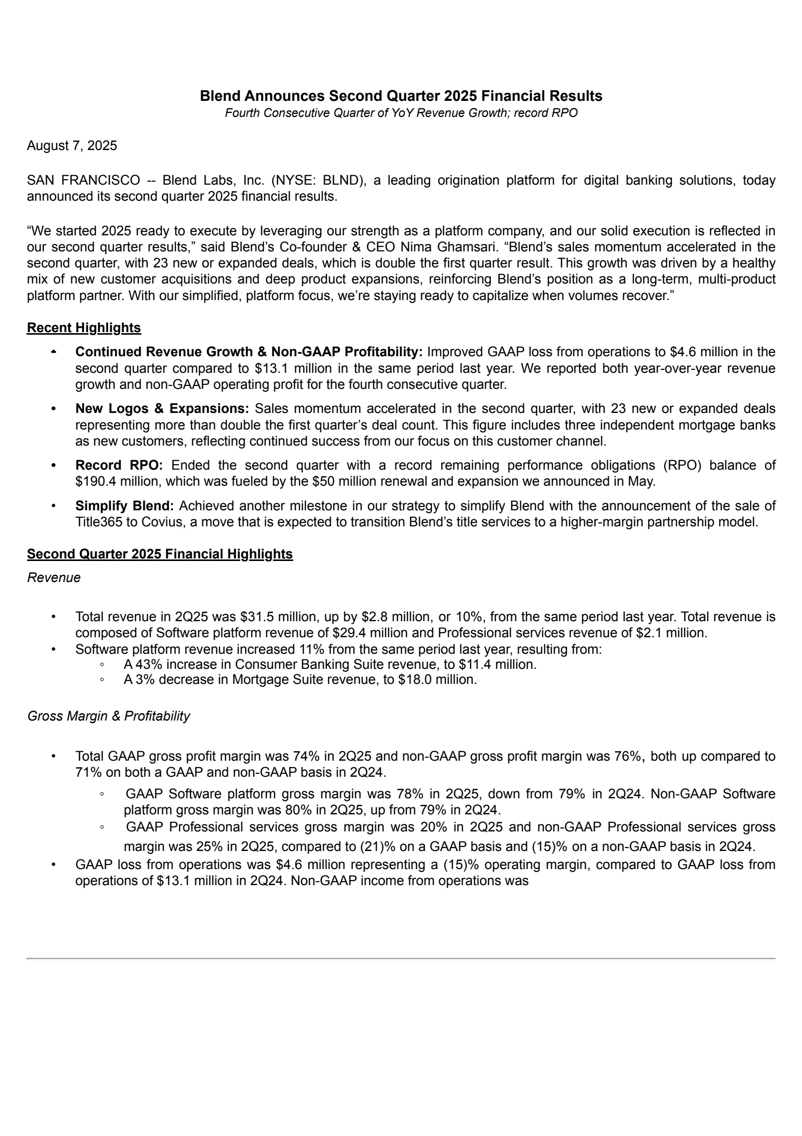 Blend Labs' Q2 2025 Press Release
