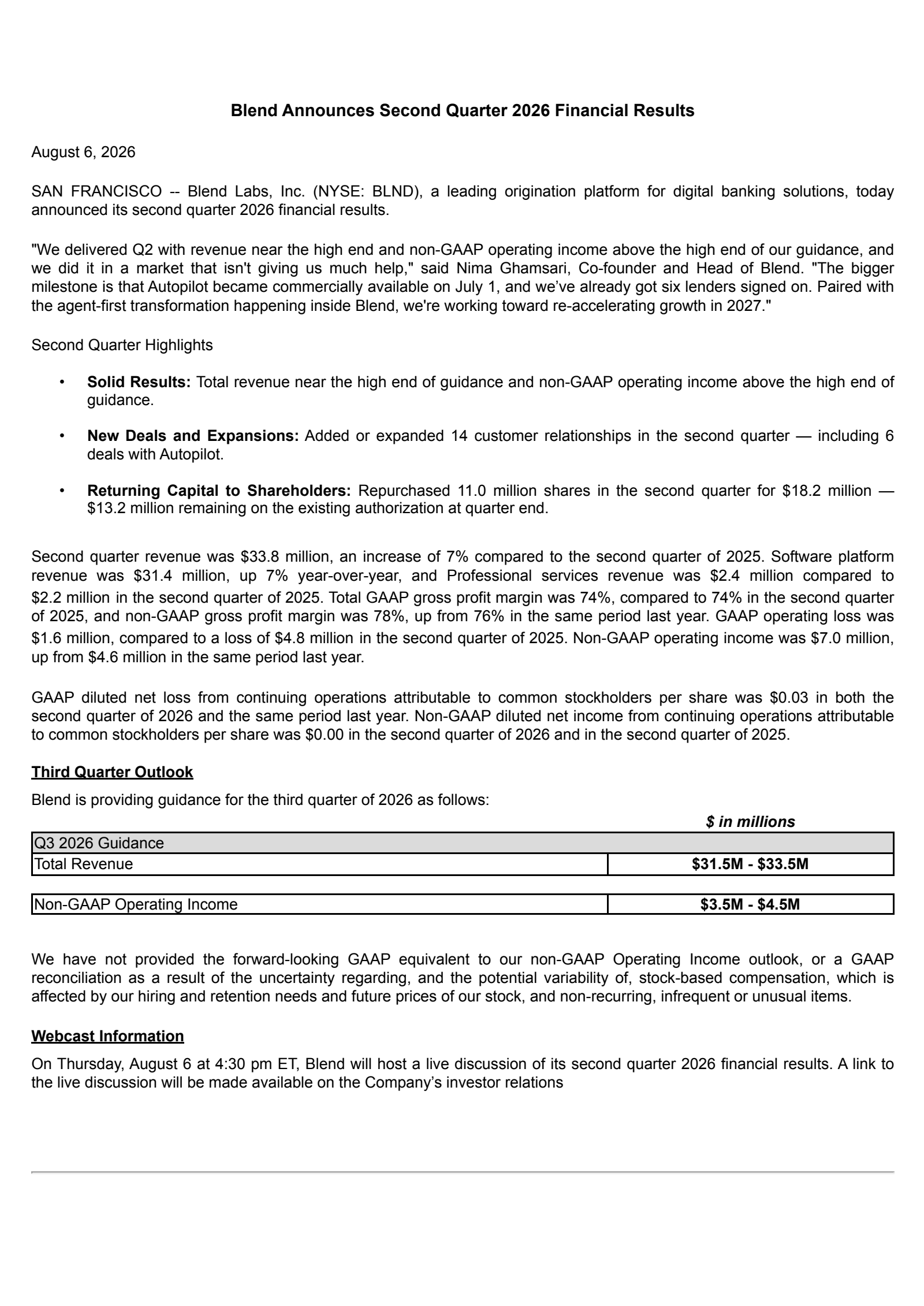 Blend Labs' Q2 2026 Press Release