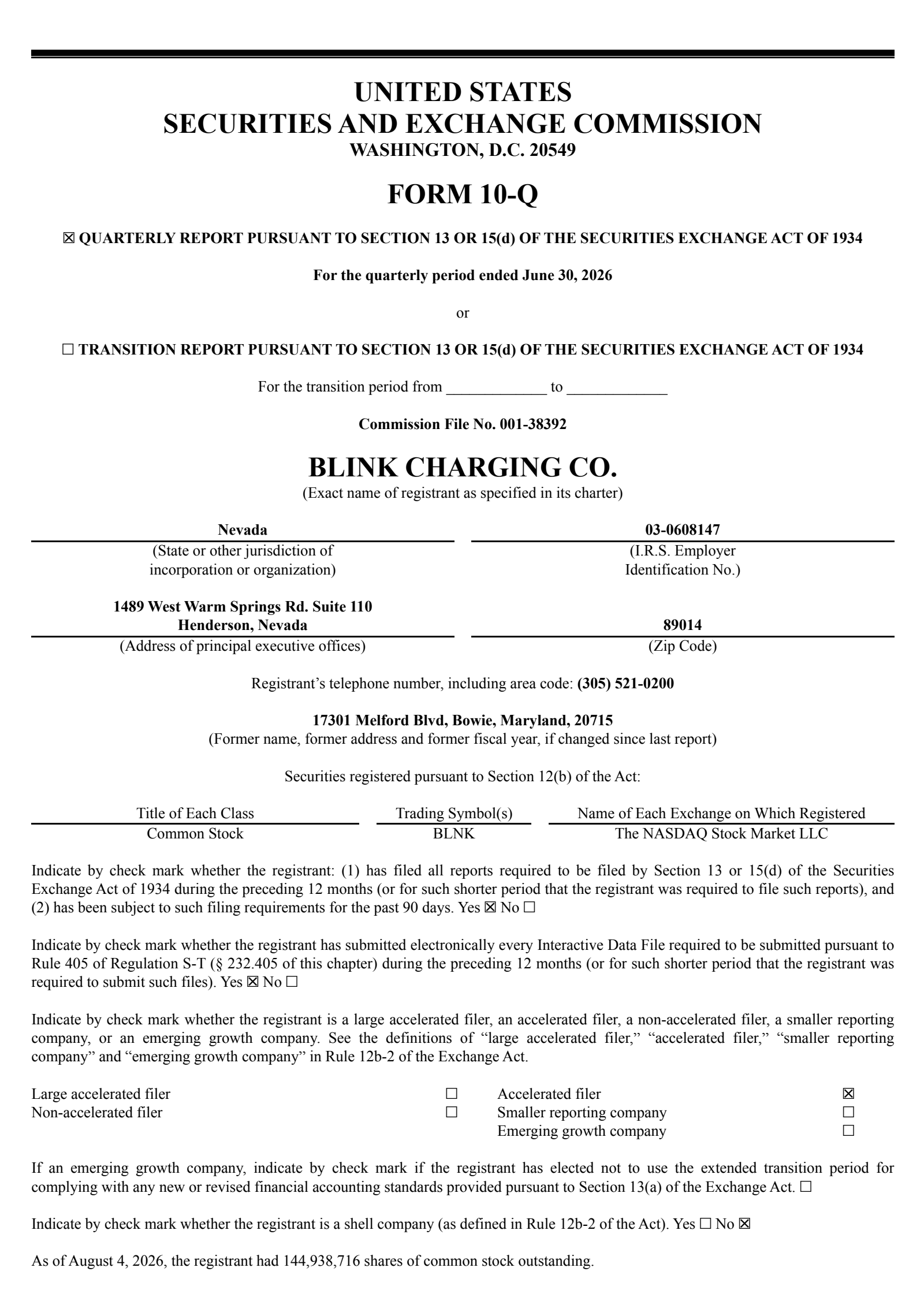 Blink Charging's Q2 2026 Quarterly report