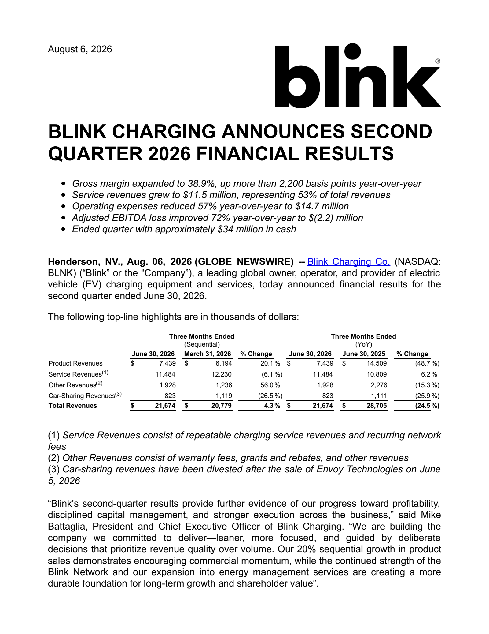 Blink Charging's Q2 2026 Press Release