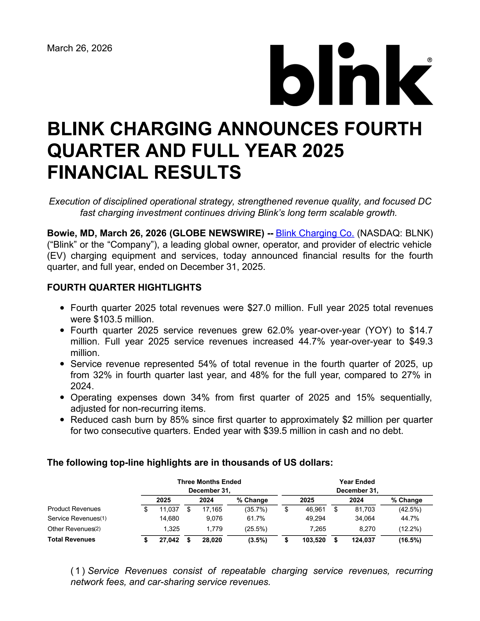 Blink Charging's Q4 2025 Press Release