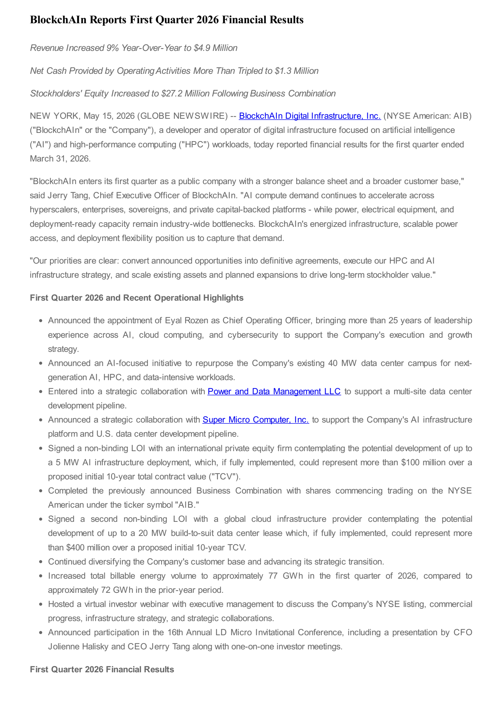 BlockchAIn Digital Infrastructure's Q1 2026 Press Release
