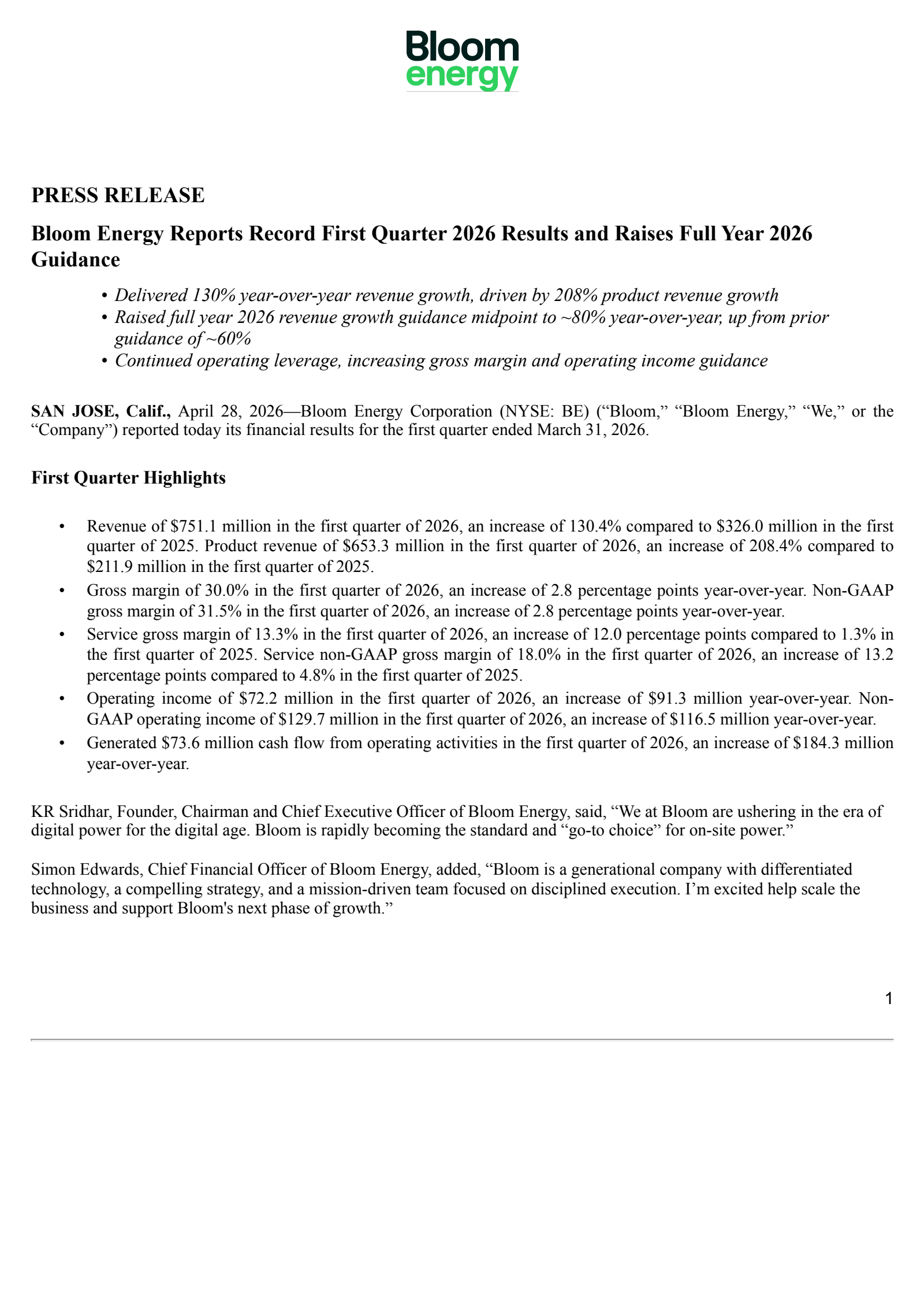 Bloom Energy's Q1 2026 Press Release