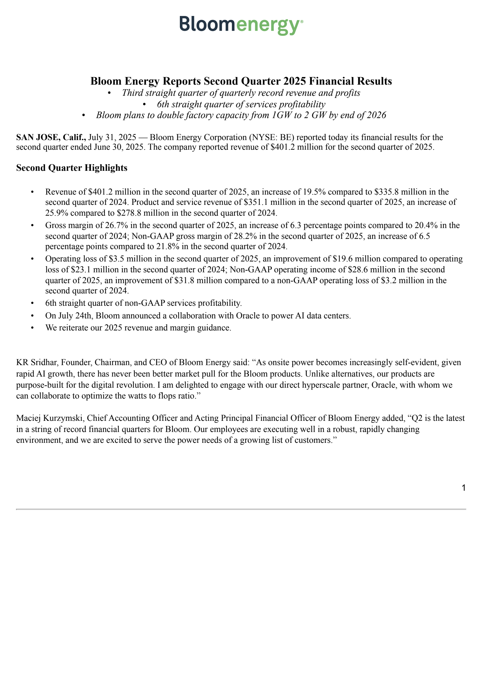 Bloom Energy's Q2 2025 Press Release