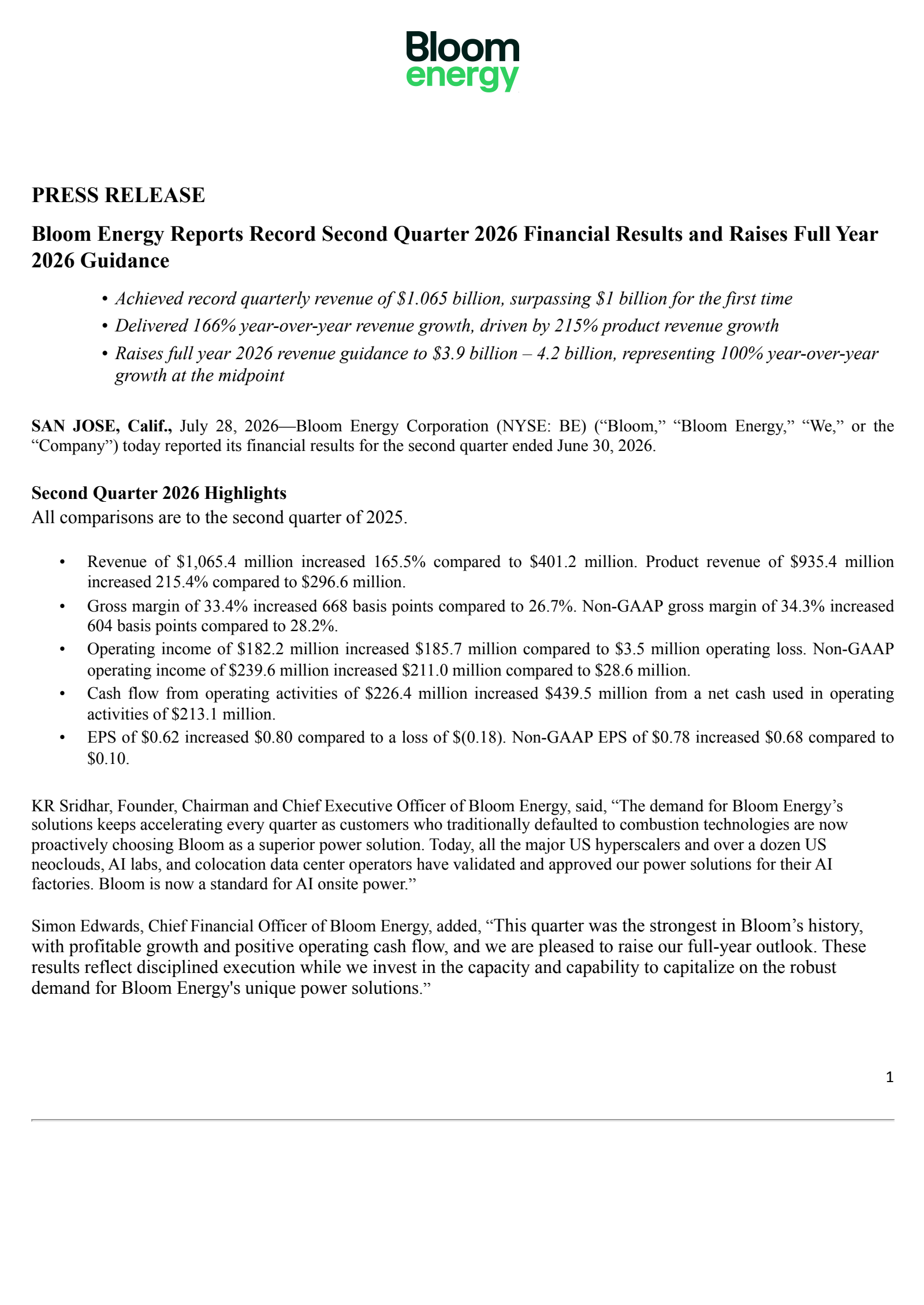 Bloom Energy's Q2 2026 Press Release