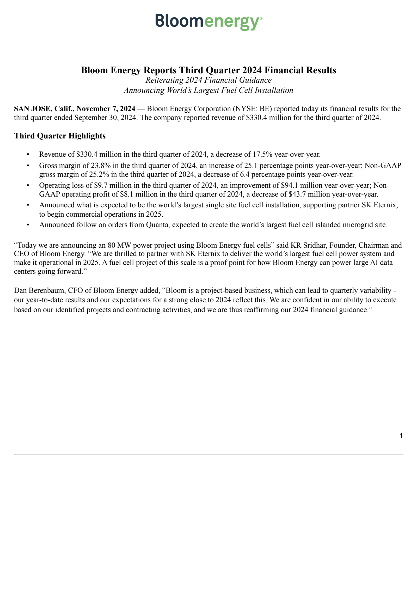 Bloom Energy's Q3 2024 Press Release