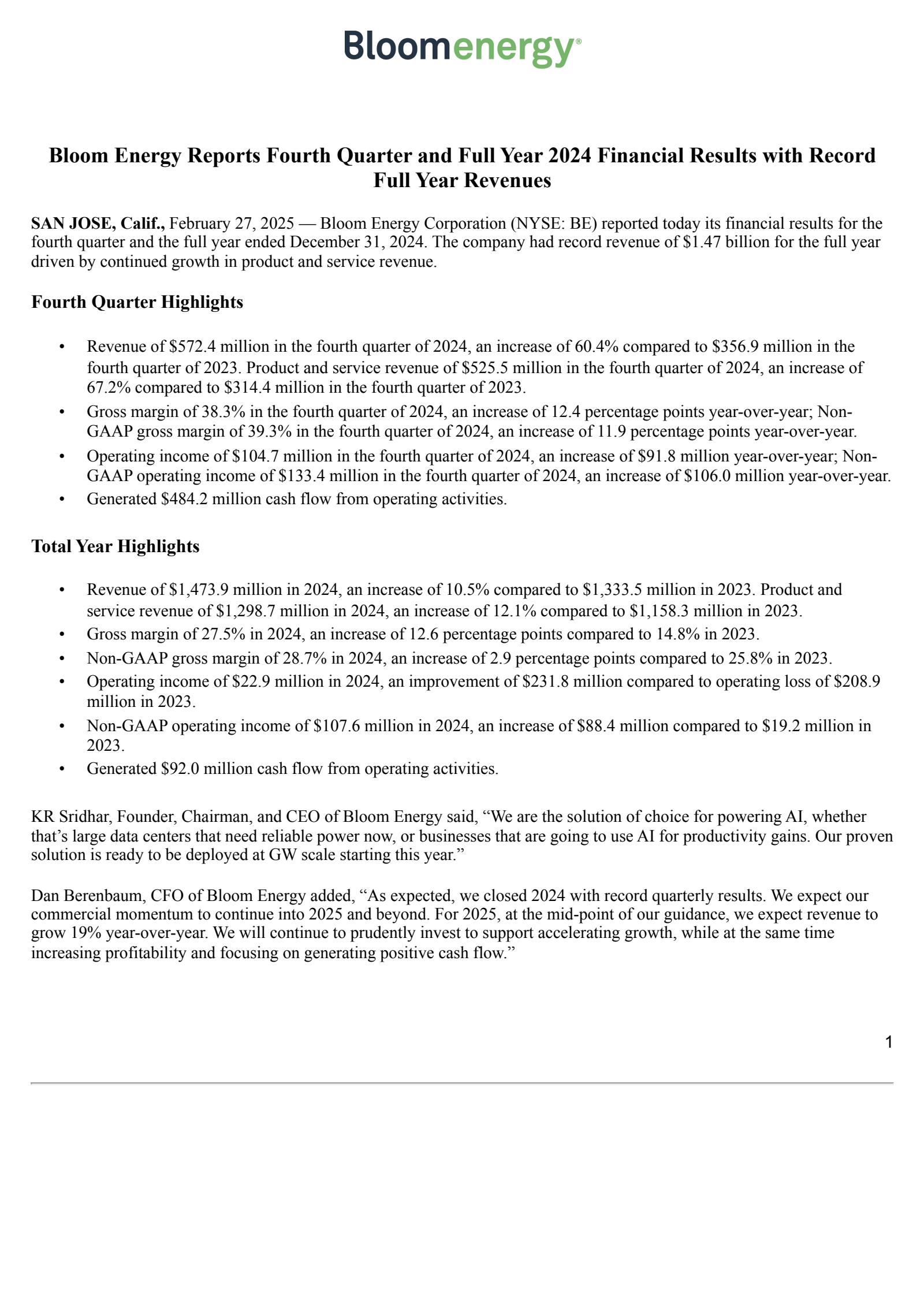 Bloom Energy's Q4 2024 Press Release