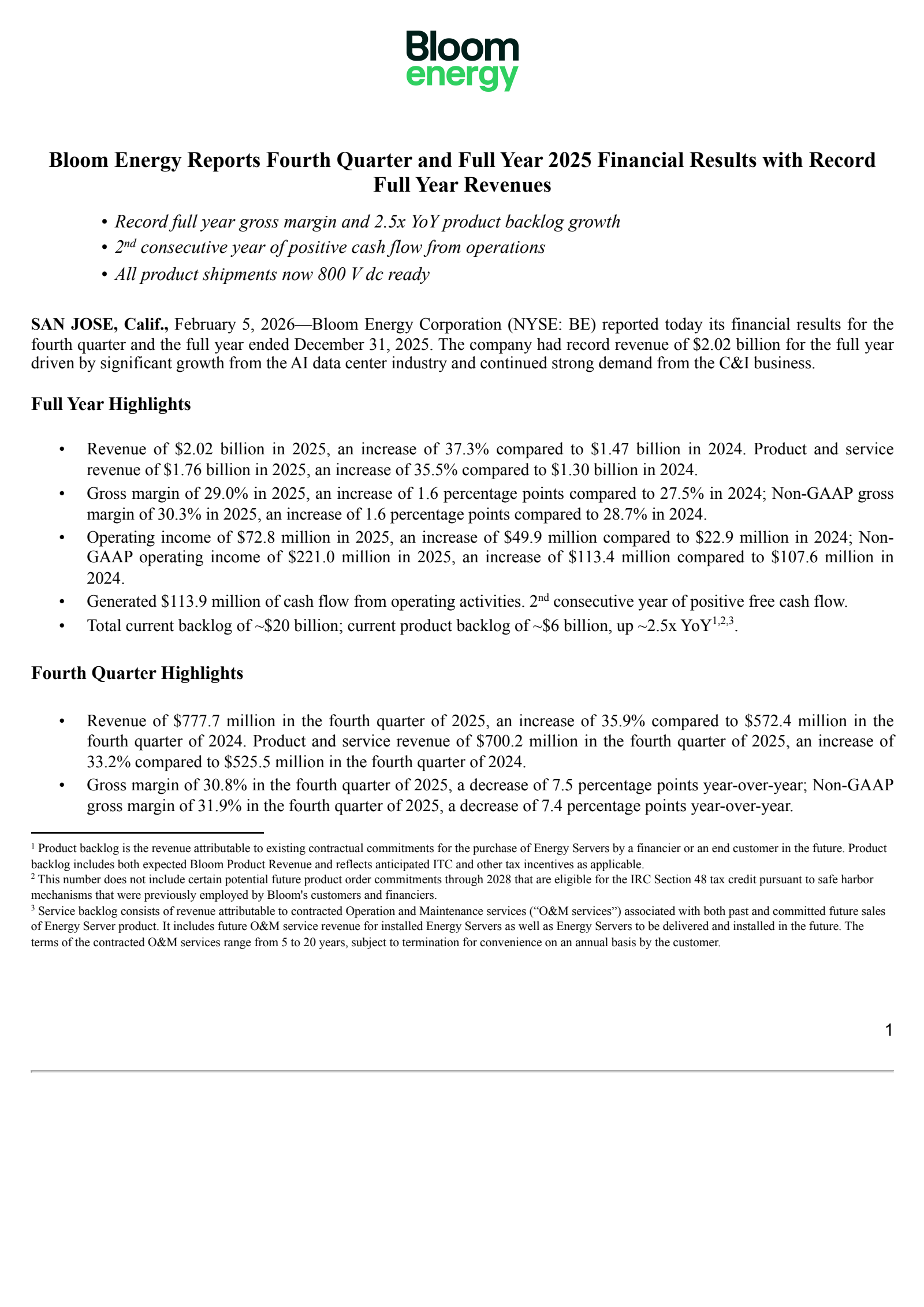 Bloom Energy's Q4 2025 Press Release