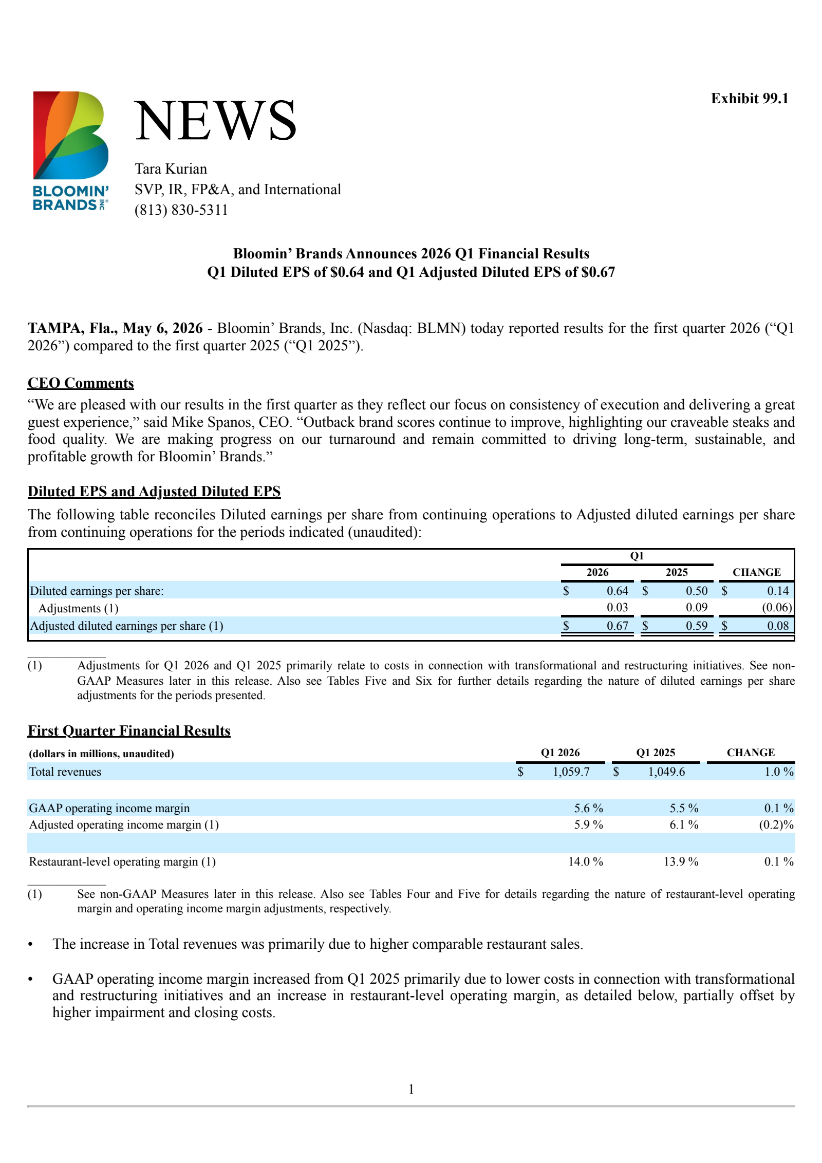 Bloomin' Brands' Q1 2026 Press Release