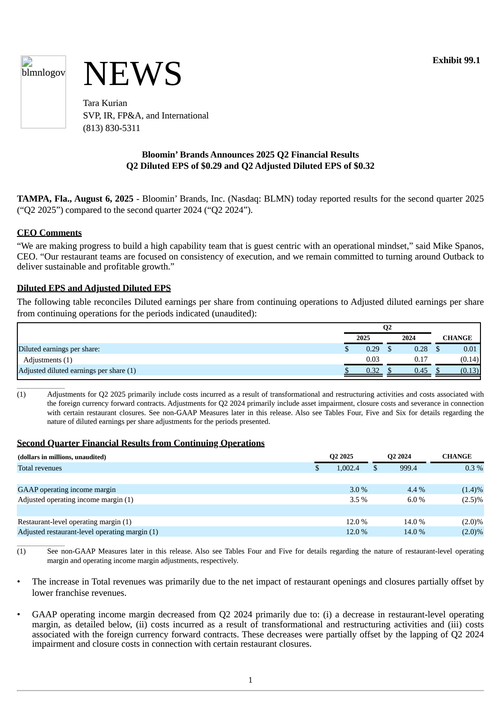 Bloomin' Brands' Q2 2025 Press Release