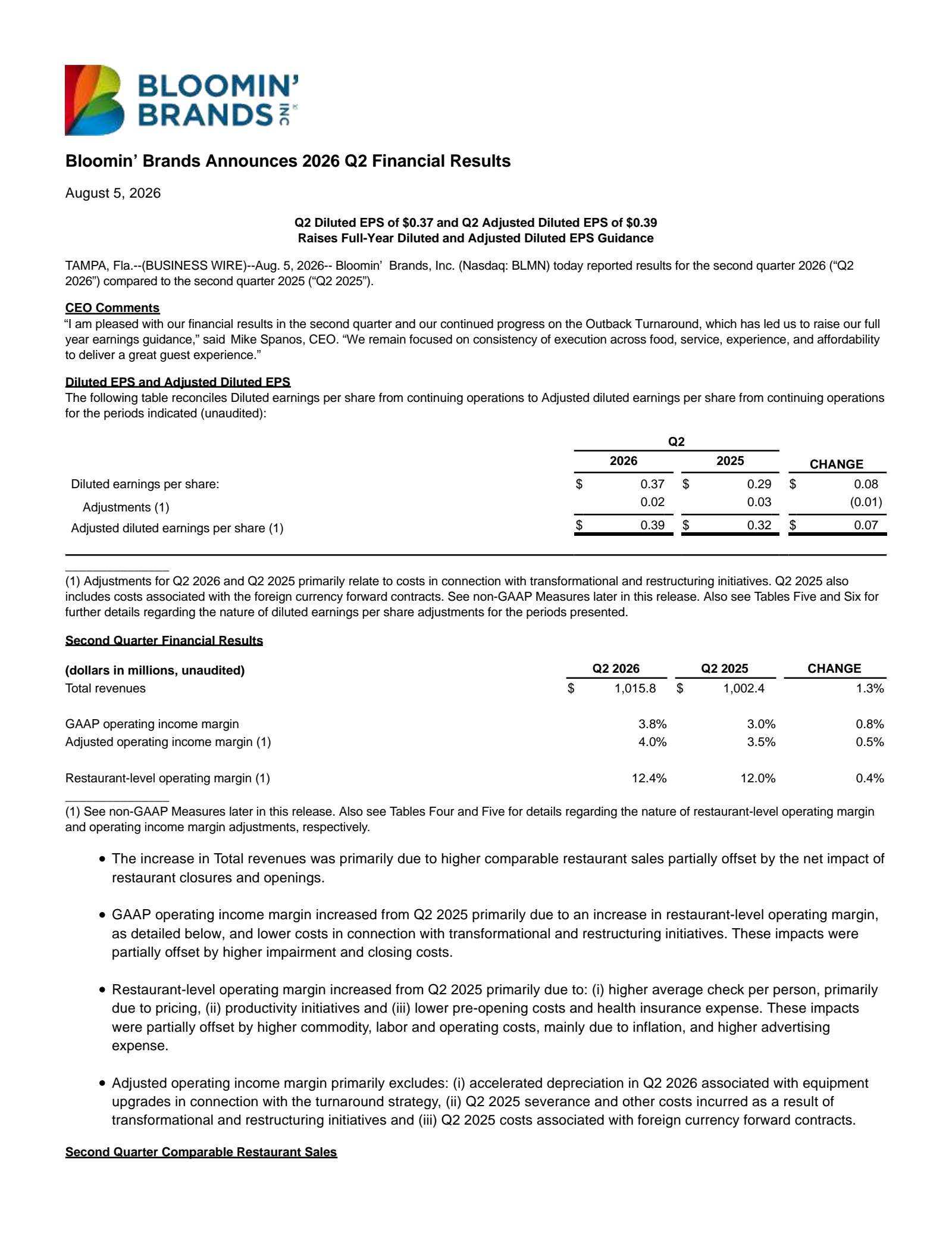 Bloomin' Brands' Q2 2026 Press Release
