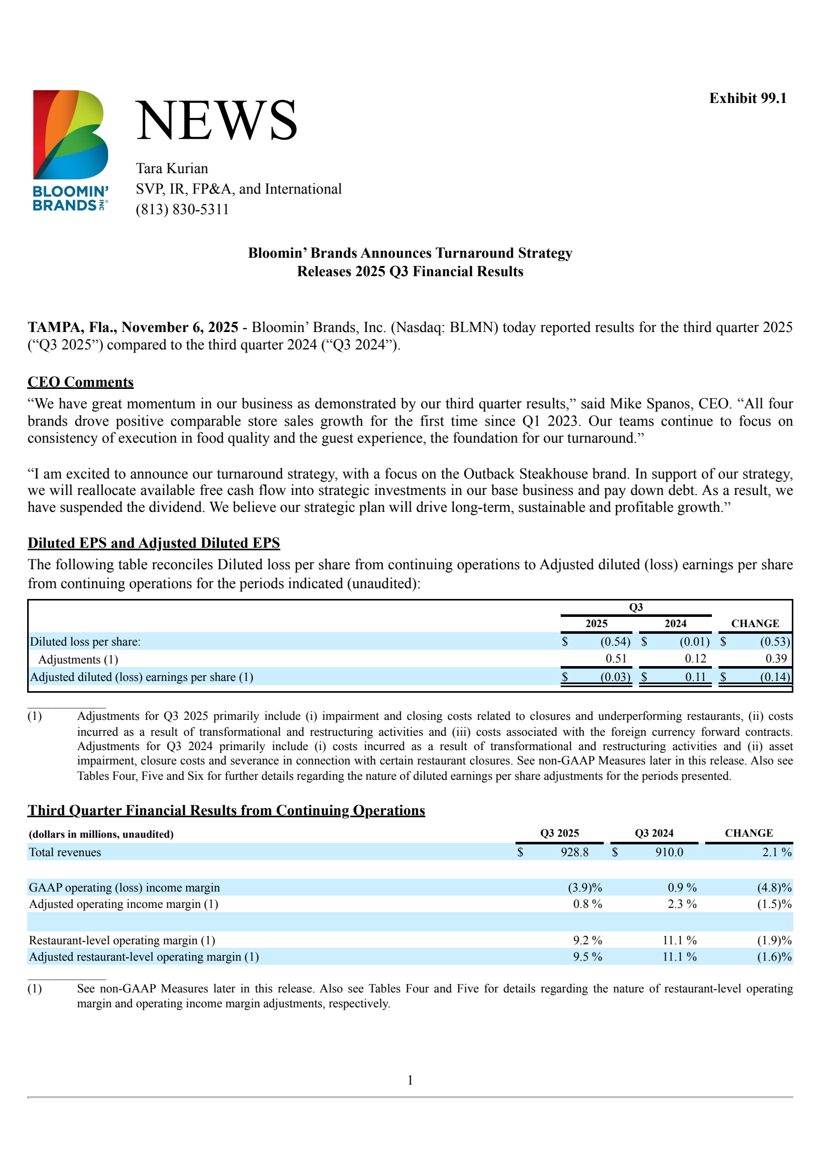 Bloomin' Brands' Q3 2025 Earnings Release