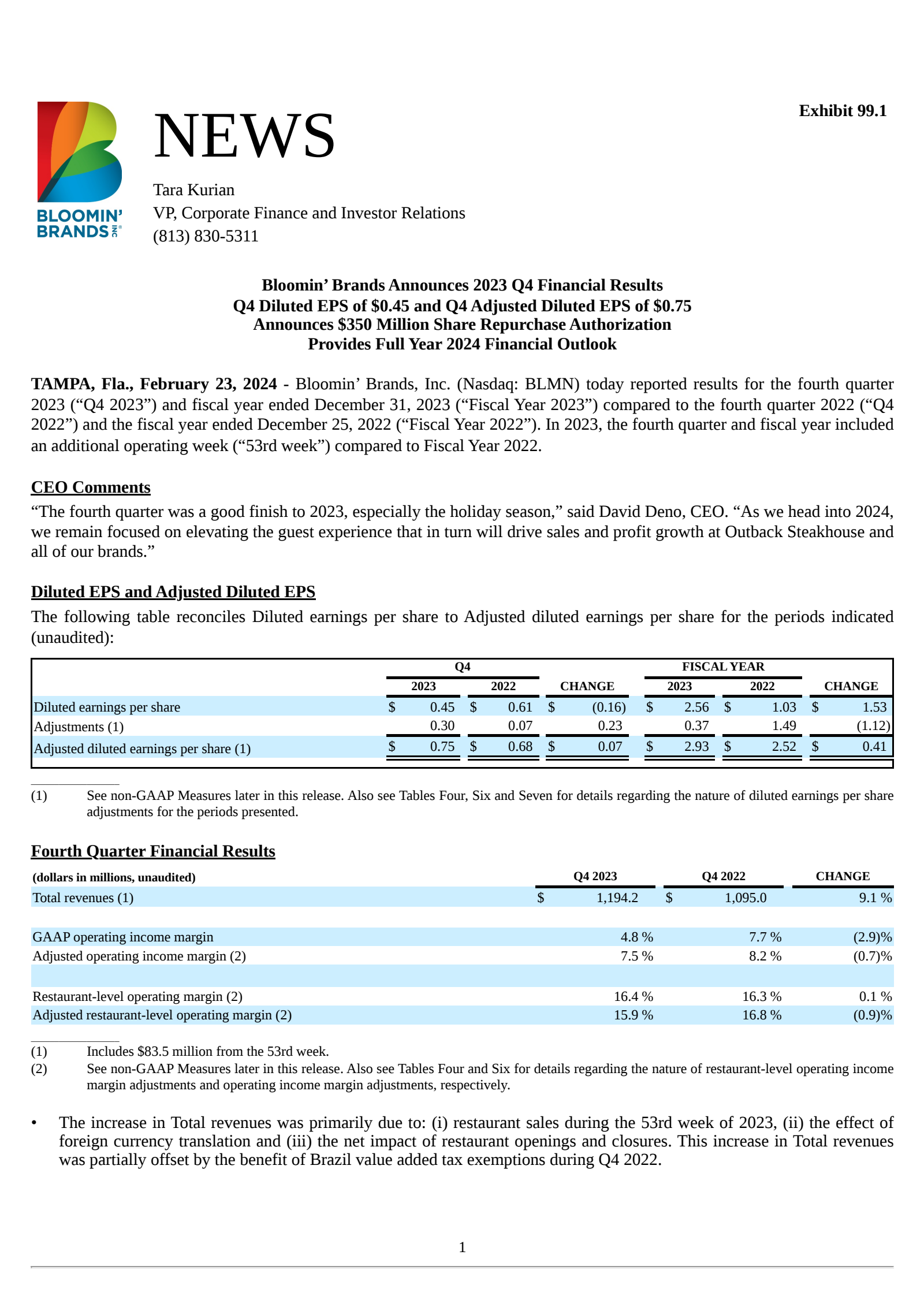 Bloomin' Brands' Q4 2023 Press Release