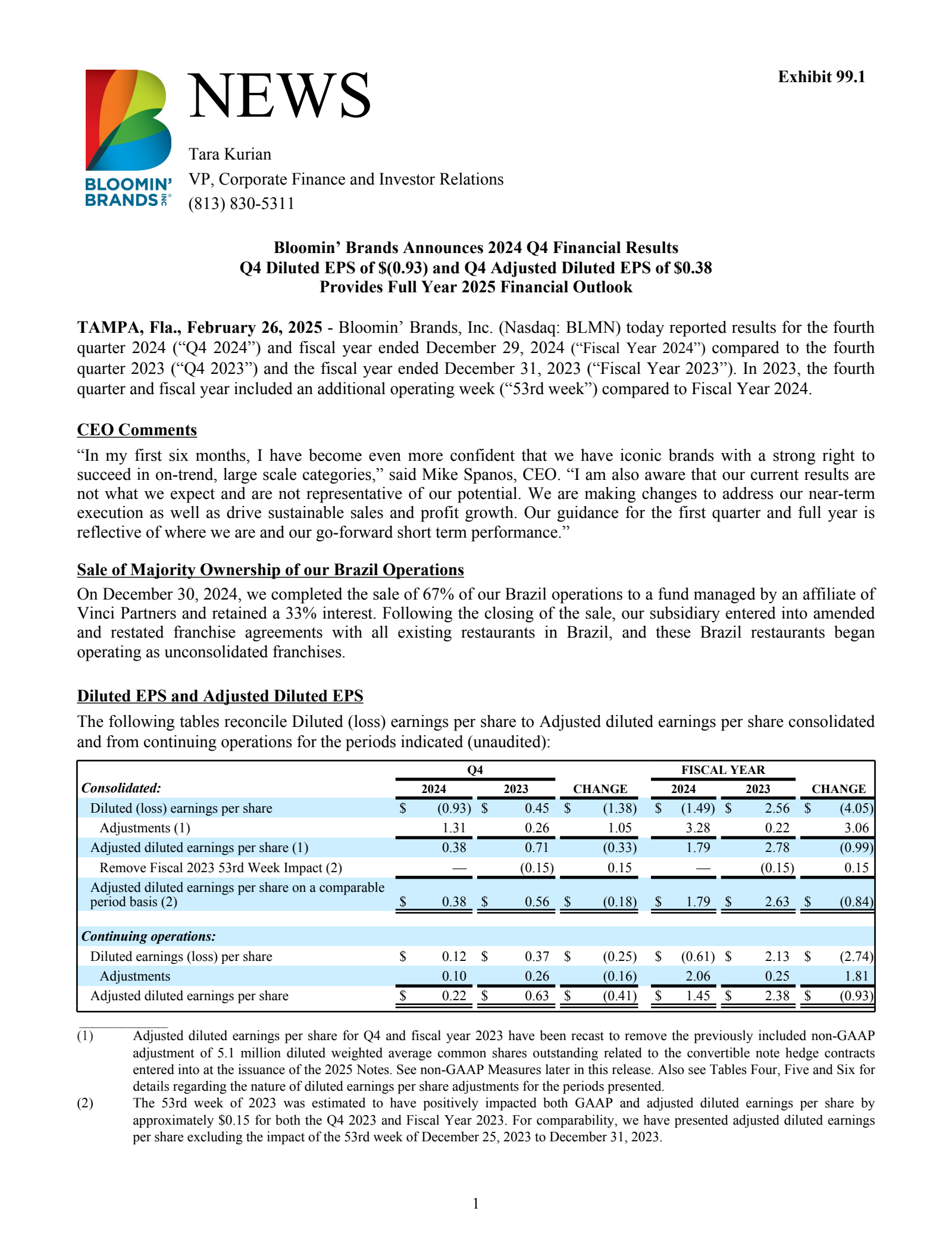 Bloomin' Brands' Q4 2024 Press Release