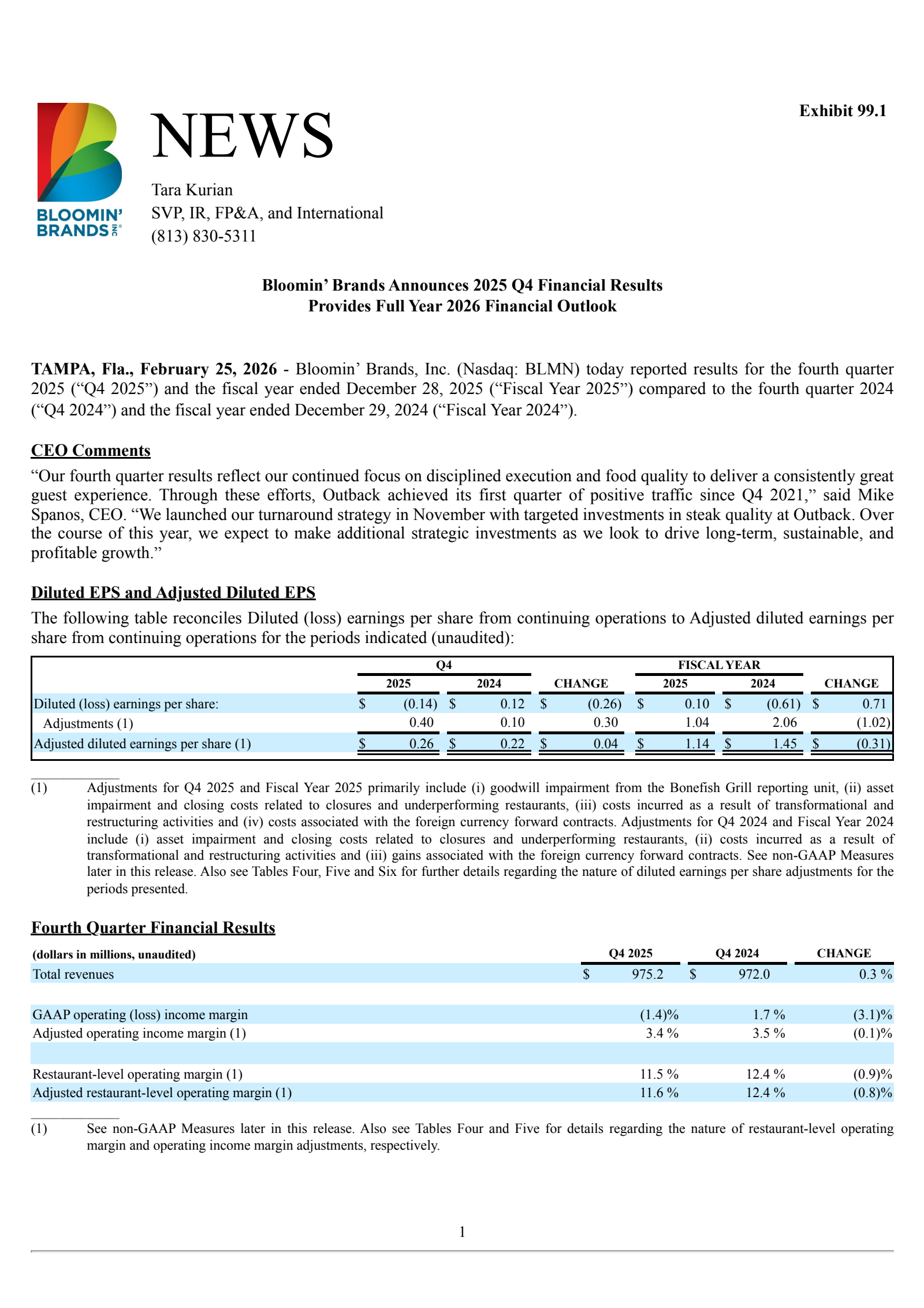 Bloomin' Brands' Q4 2025 Press Release