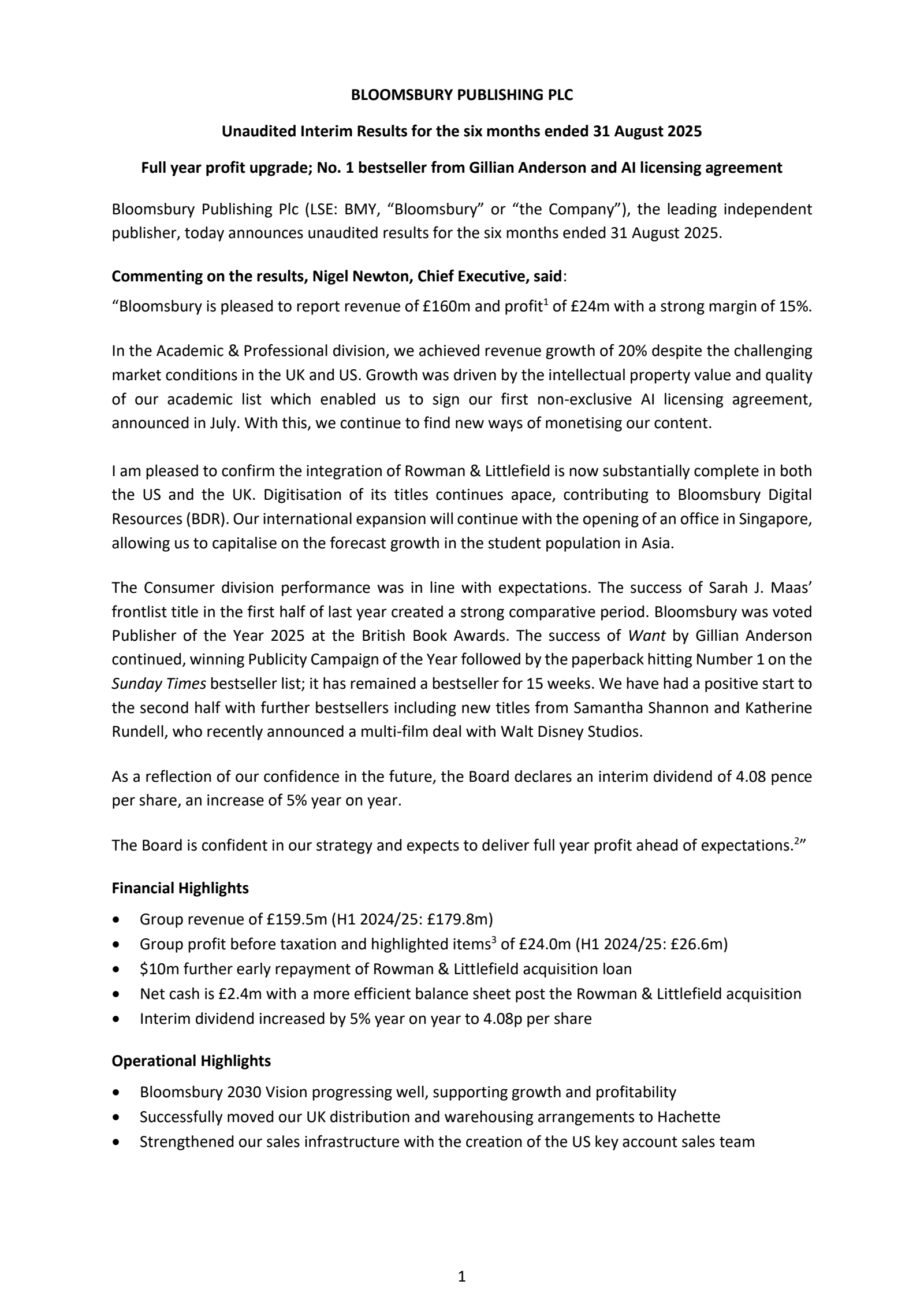 Bloomsbury Publishing's H1 2026 Interim Report