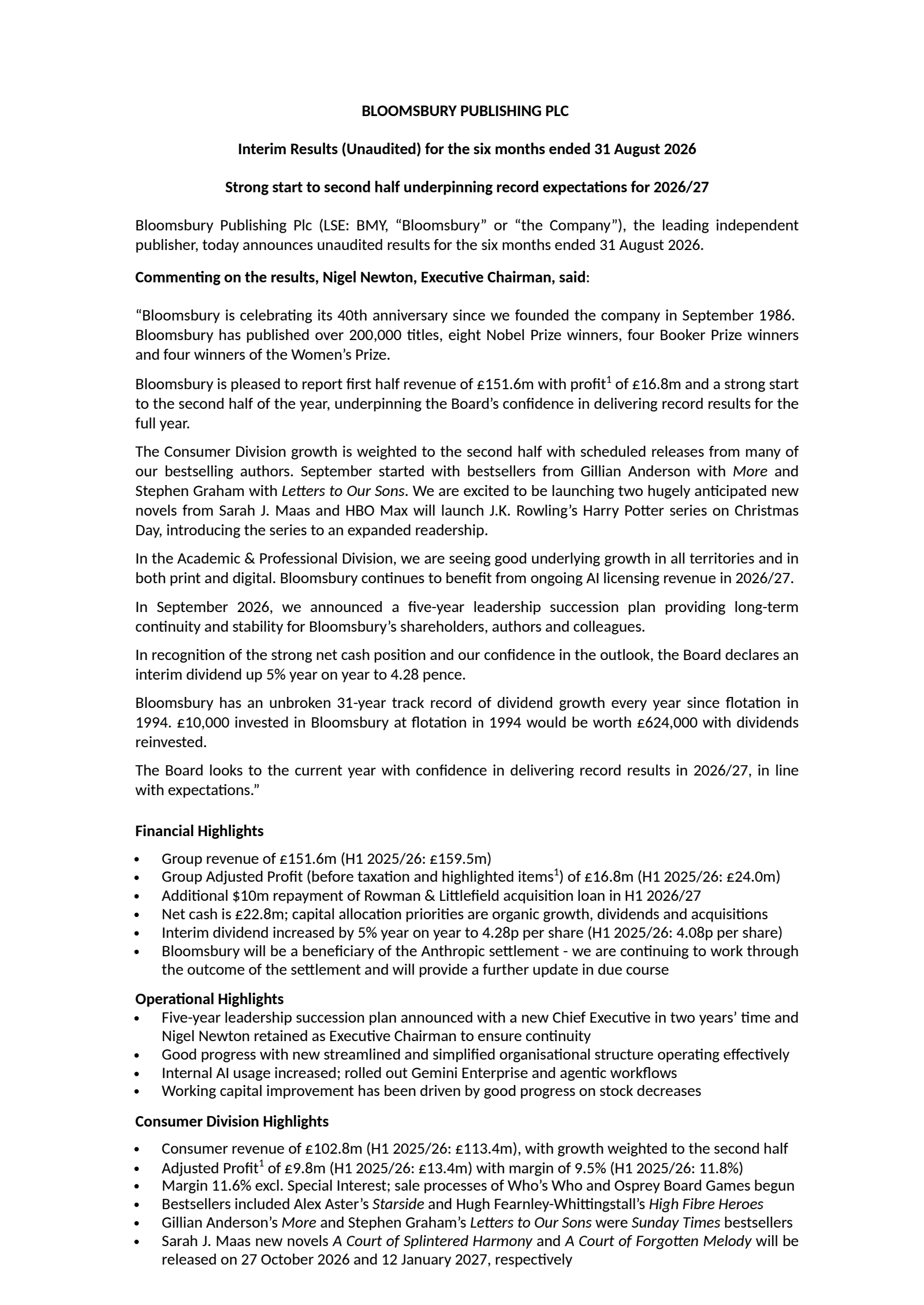 Bloomsbury Publishing's H1 2027 Interim report