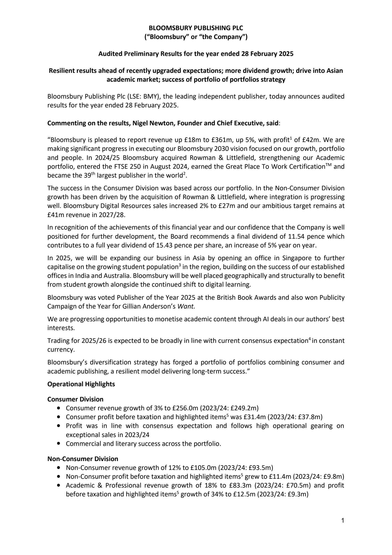 Bloomsbury Publishing's H2 2025 Interim report