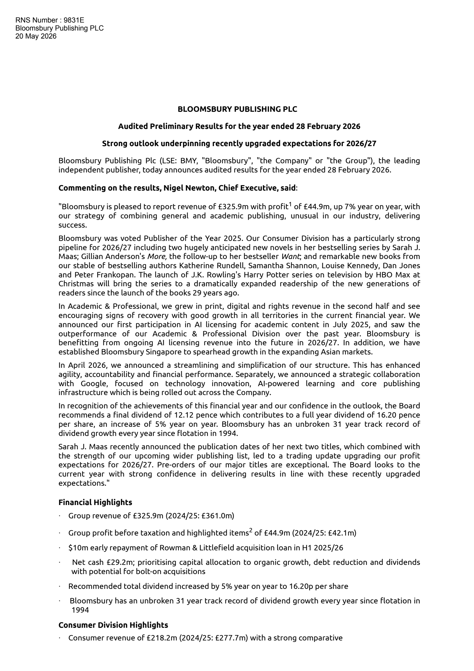 Bloomsbury Publishing's H2 2026 Interim report