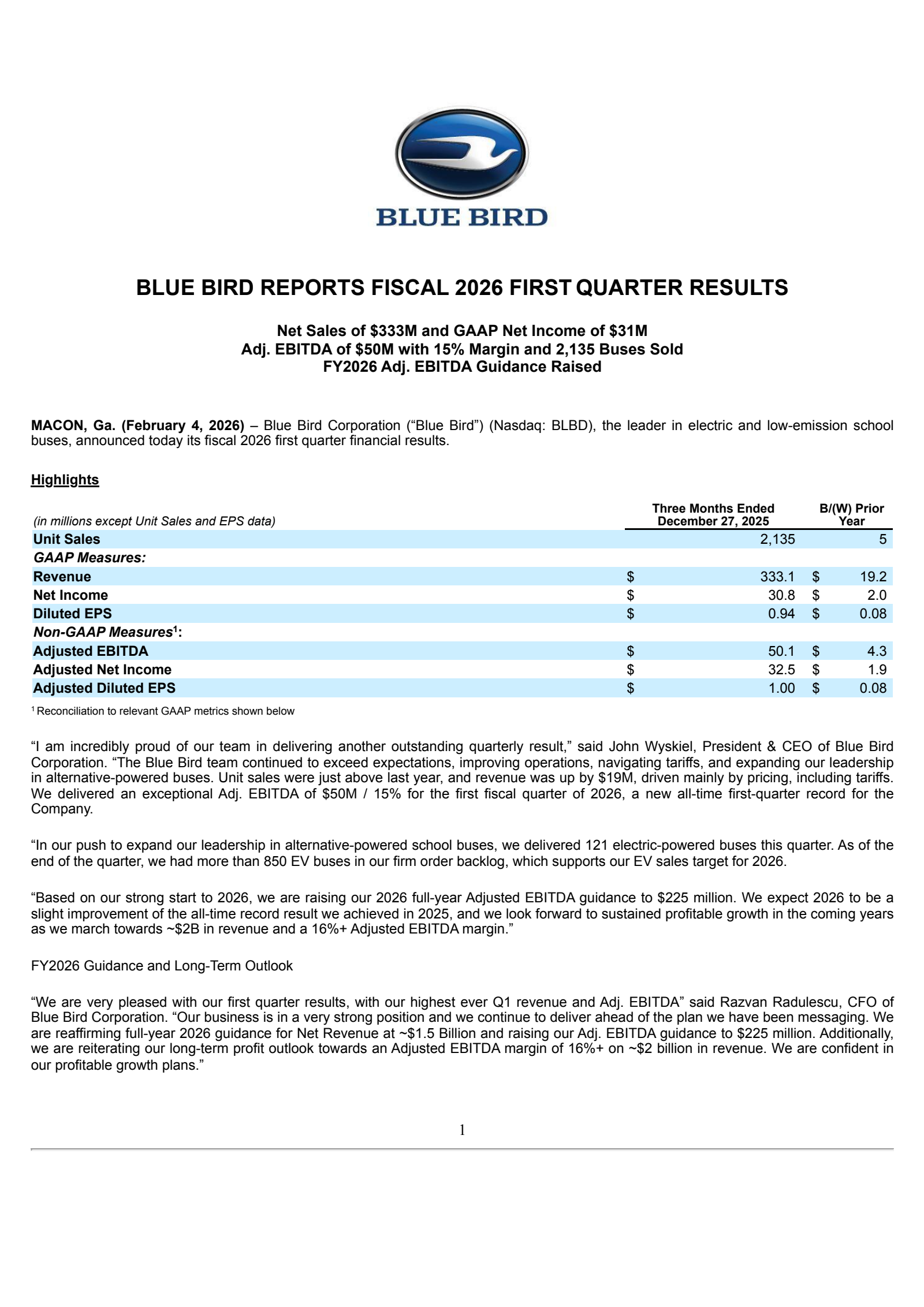 Blue Bird's Q1 2026 Press Release