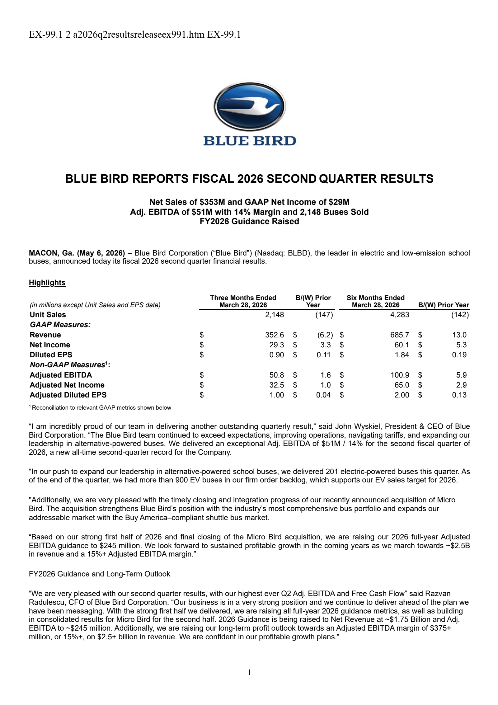 Blue Bird's Q2 2026 Press Release