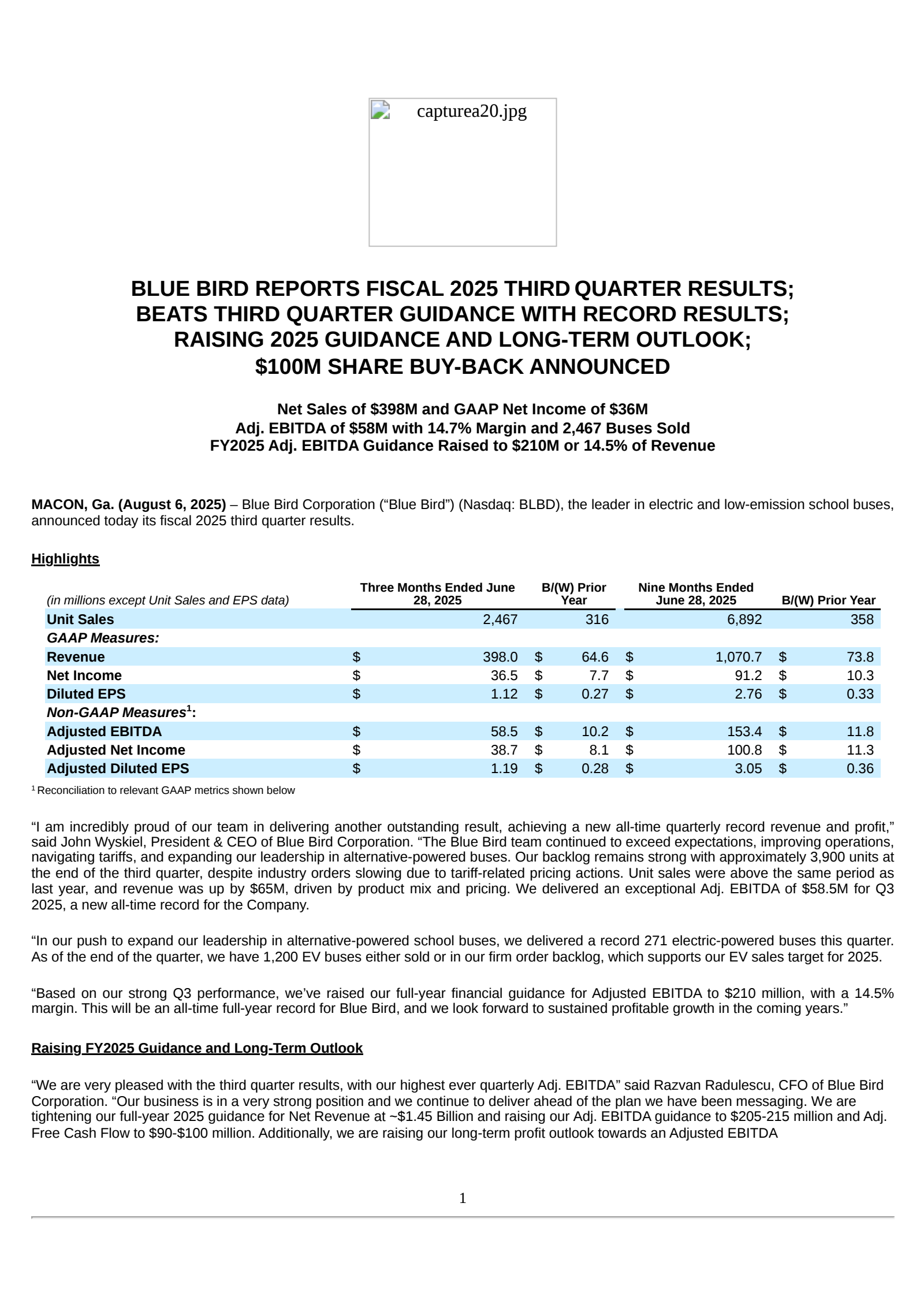 Blue Bird's Q3 2025 Press Release