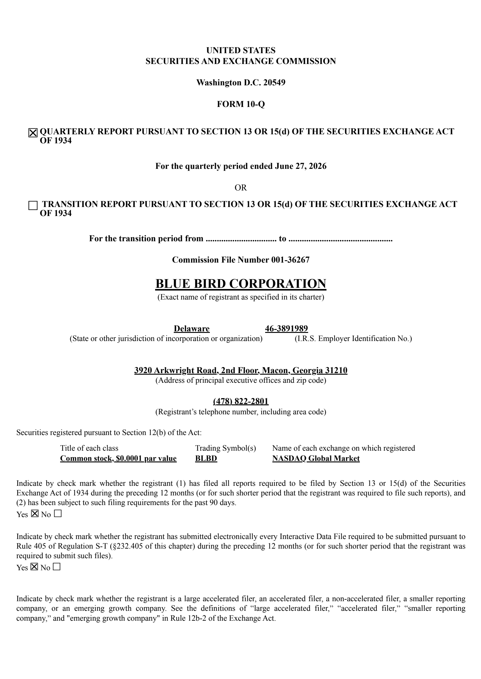 Blue Bird's Q3 2026 Quarterly report