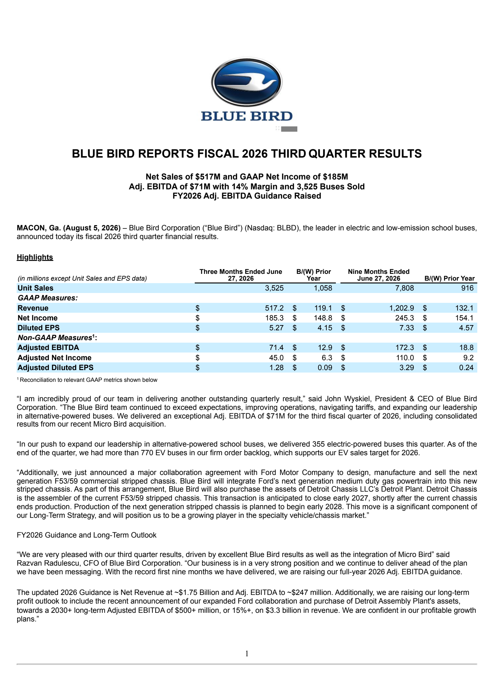 Blue Bird's Q3 2026 Press Release