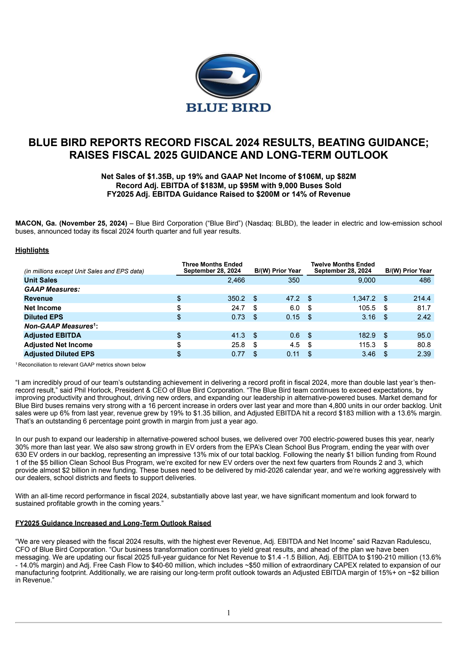 Blue Bird's Q4 2024 Press Release
