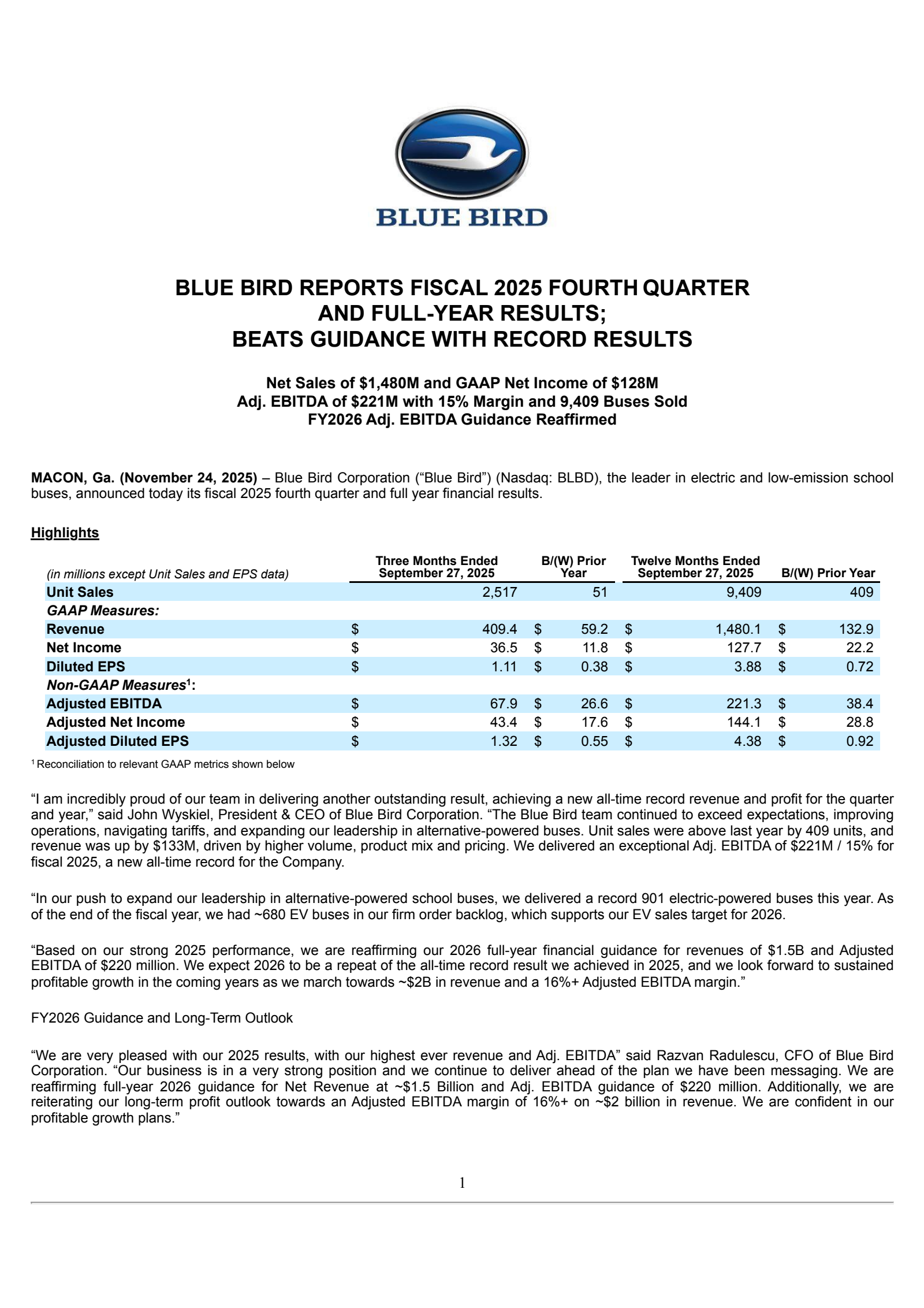 Blue Bird's Q4 2025 Earnings Release