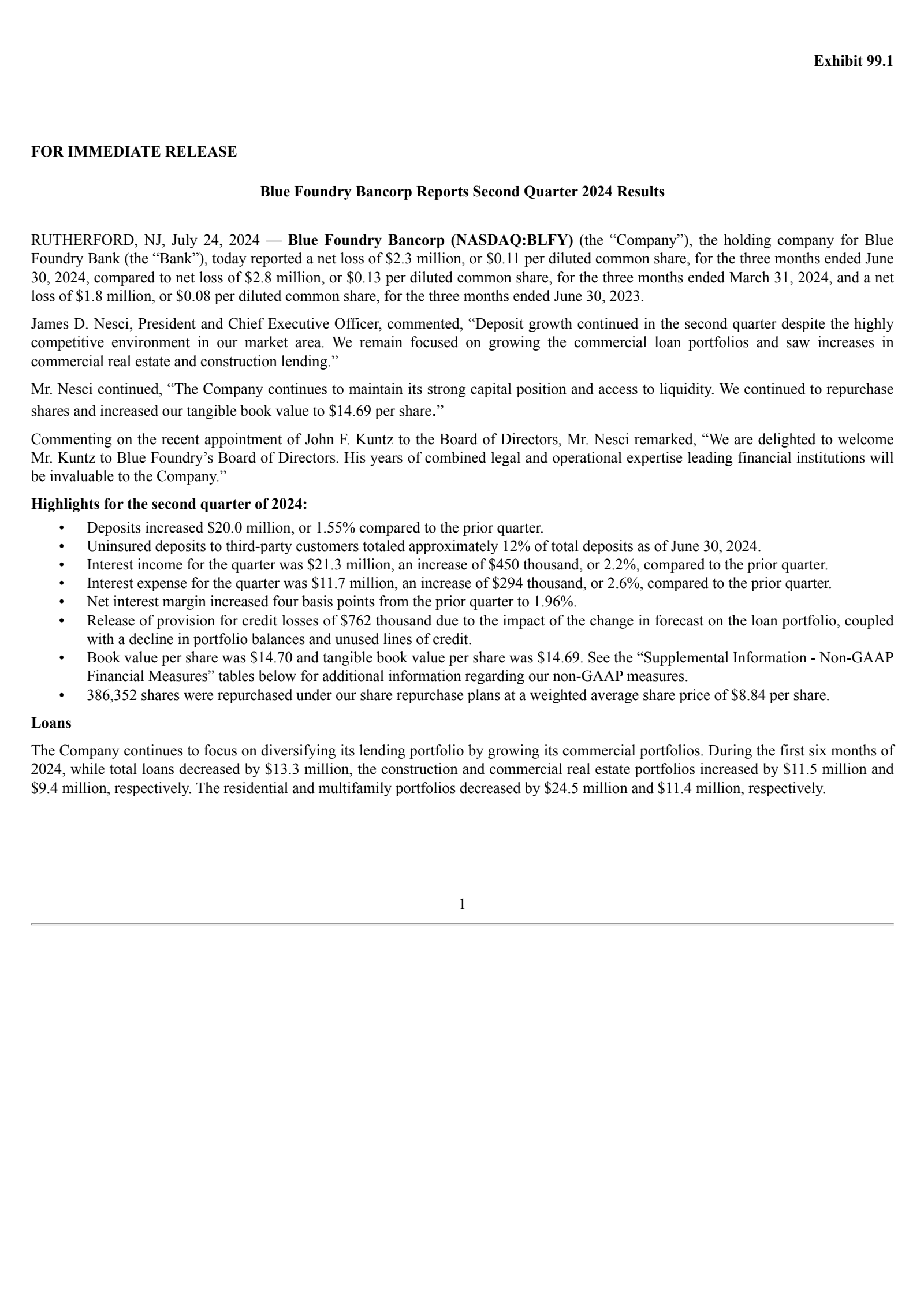 Blue Foundry Bancorp's Q2 2024 Press Release