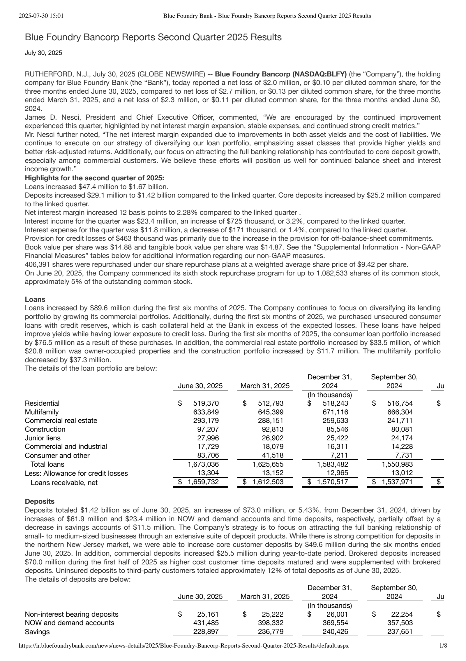 Blue Foundry Bancorp's Q2 2025 Press Release