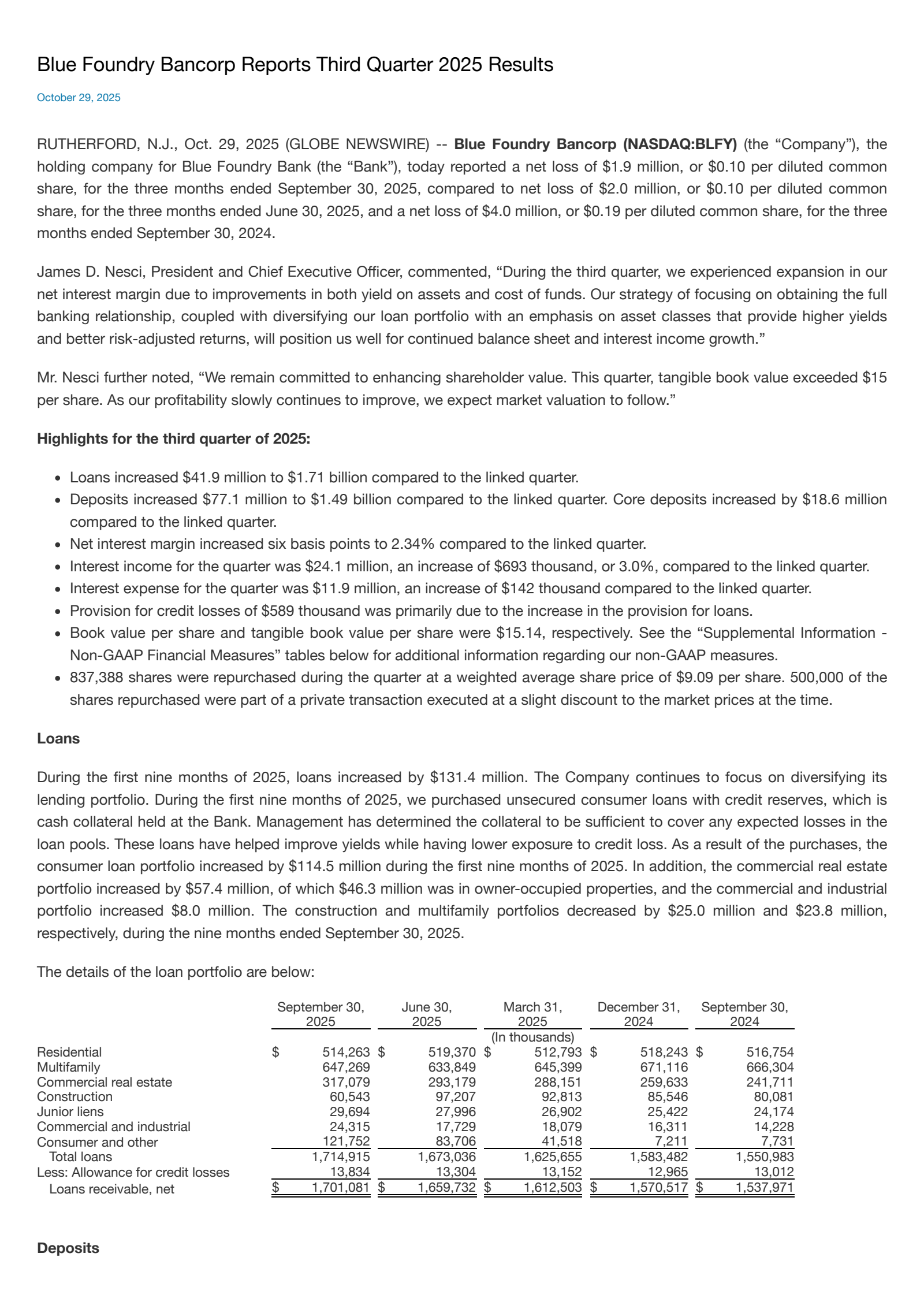 Blue Foundry Bancorp's Q3 2025 Earnings Release