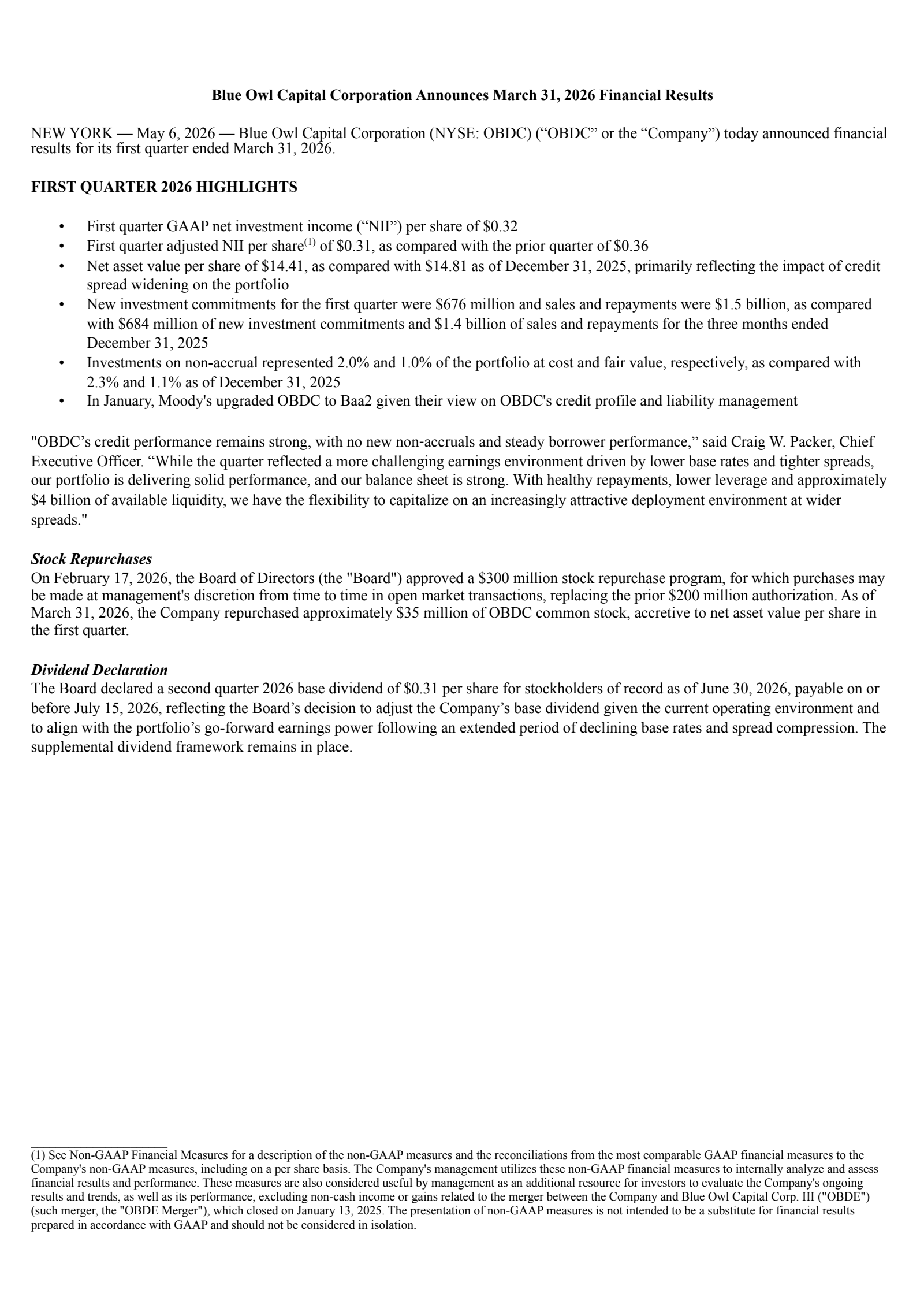 Blue Owl Capital's Q1 2026 Press Release