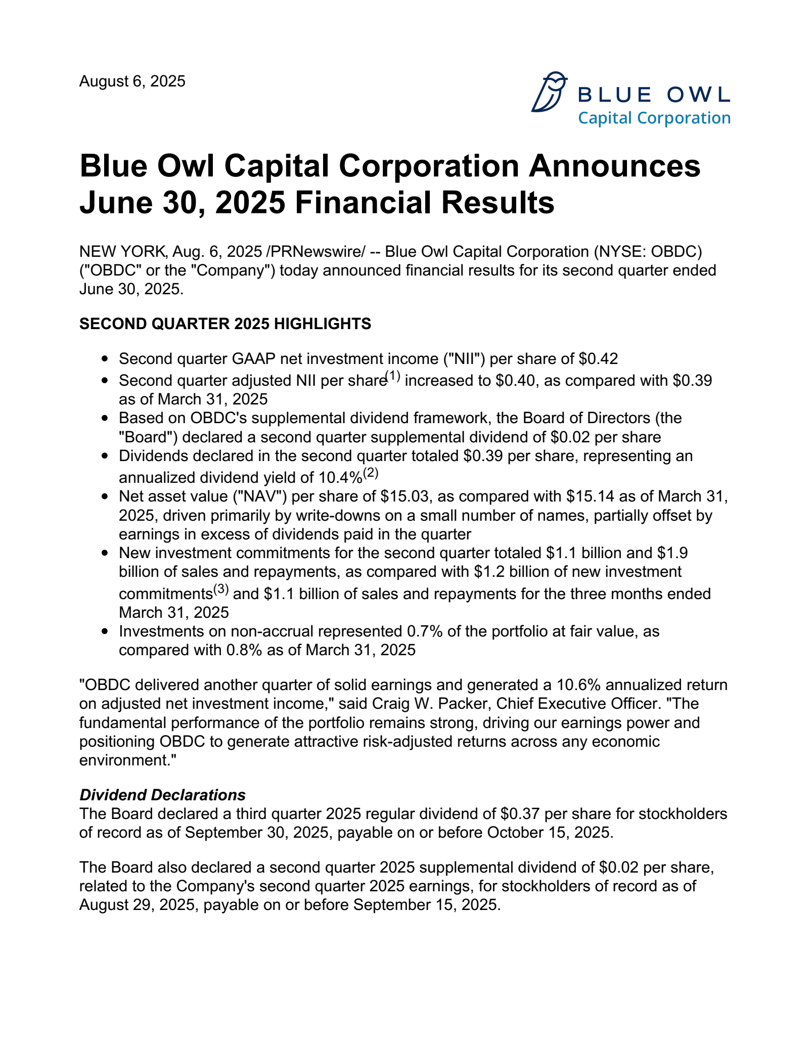 Blue Owl Capital's Q2 2025 Press Release