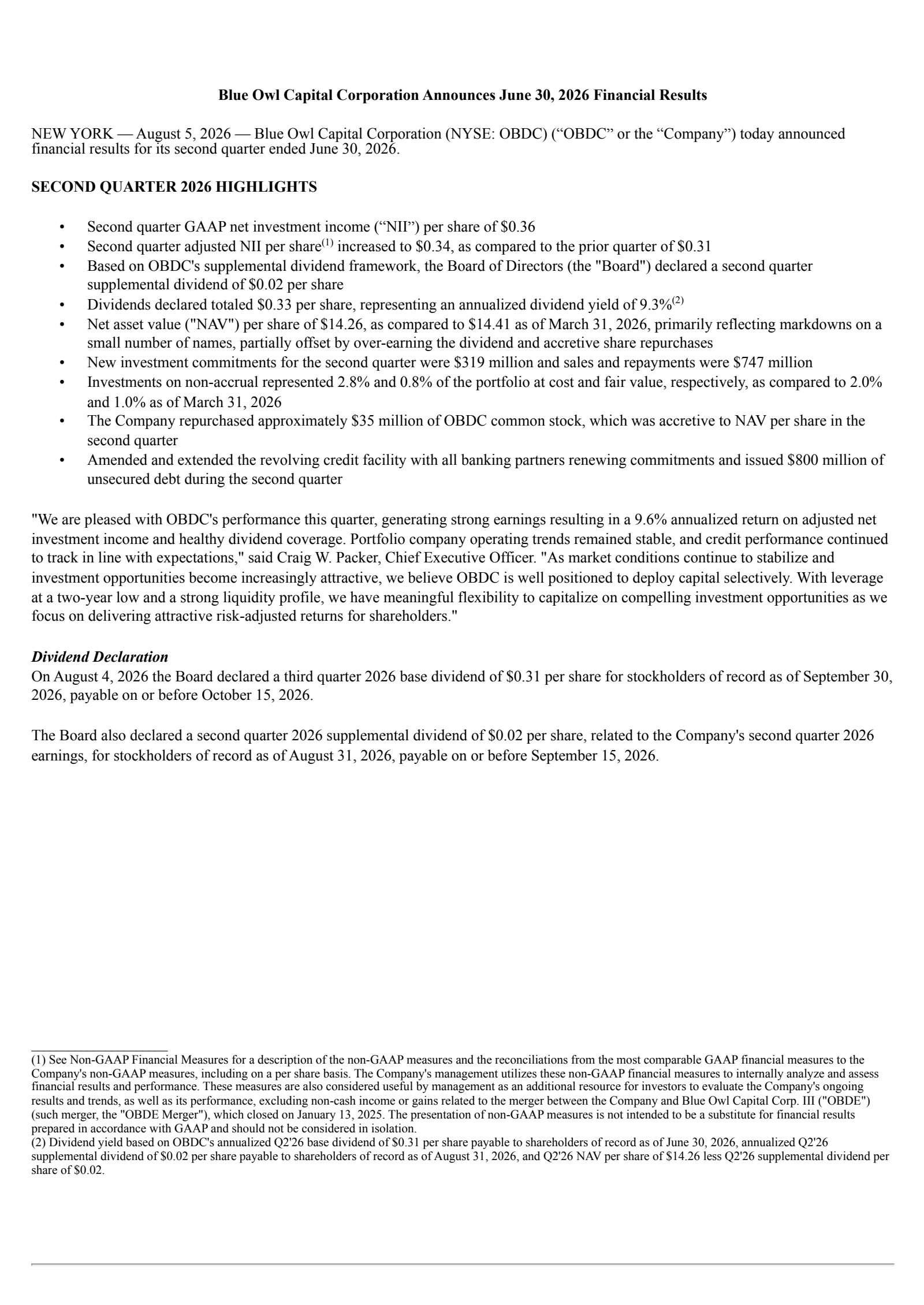 Blue Owl Capital's Q2 2026 Press Release